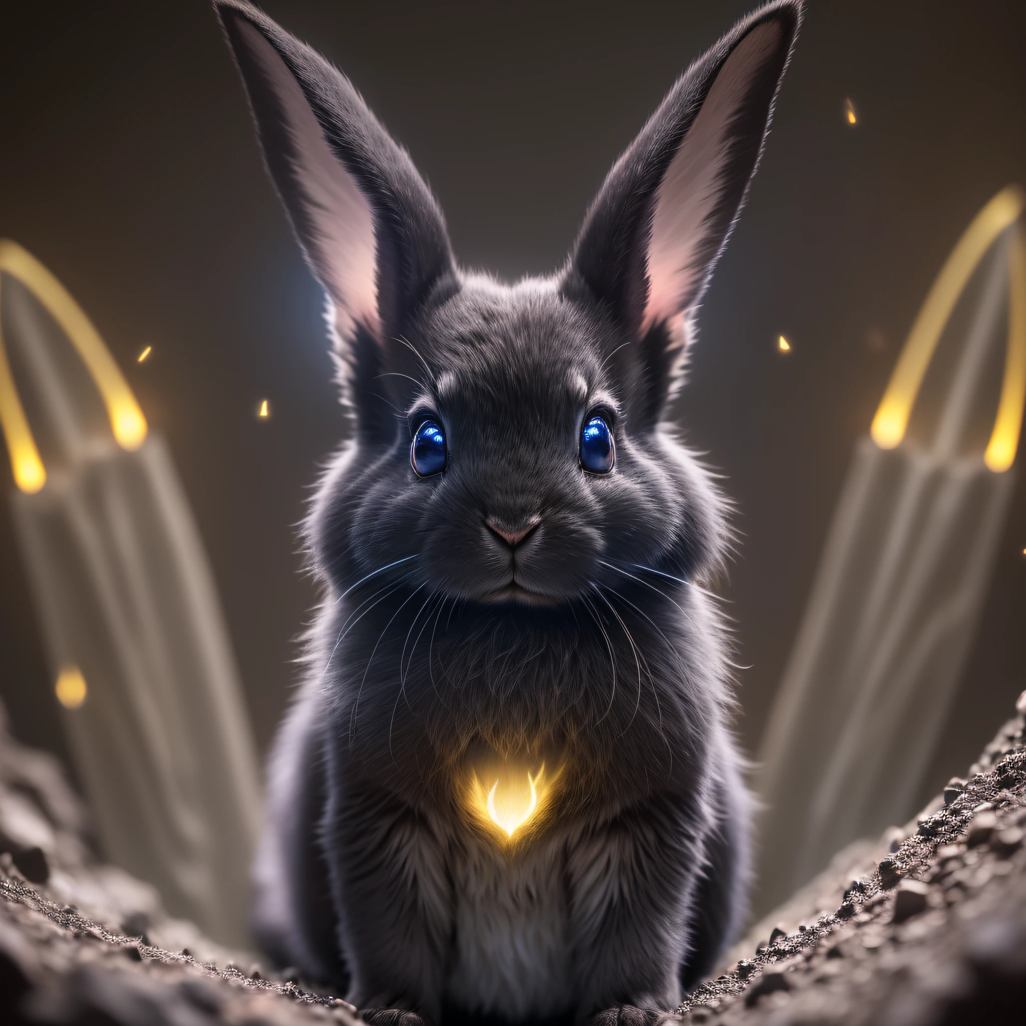 Black, Cave, Night, Rabbit Close Up, Ultra Close Up, Luminous Rabbit, Fluorescent Rabbit, Glow Lop Rabbit, Furry, Night, Firefly, Volume Fog, Halo, Bloom, Dramatic Atmosphere, Center, Rule of Thirds, 200mm 1.4F Macro Shot