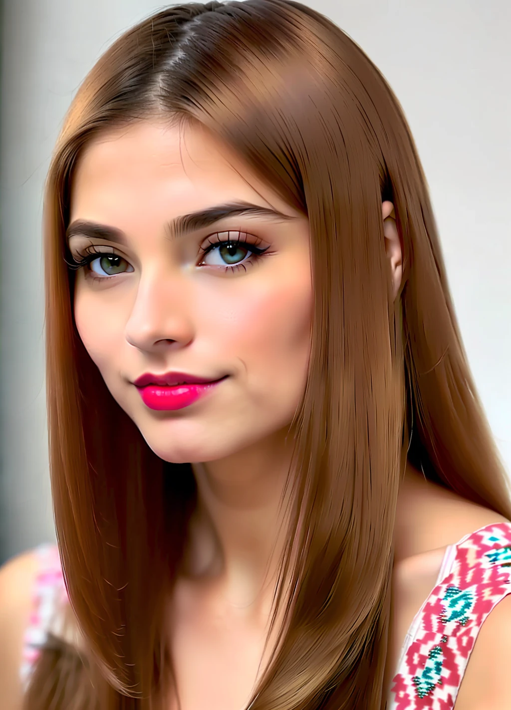 Woman 28 years old light brown straight hair, Russian missigenada with indigenous Brazilian light brown eyes, calro pink lipstick