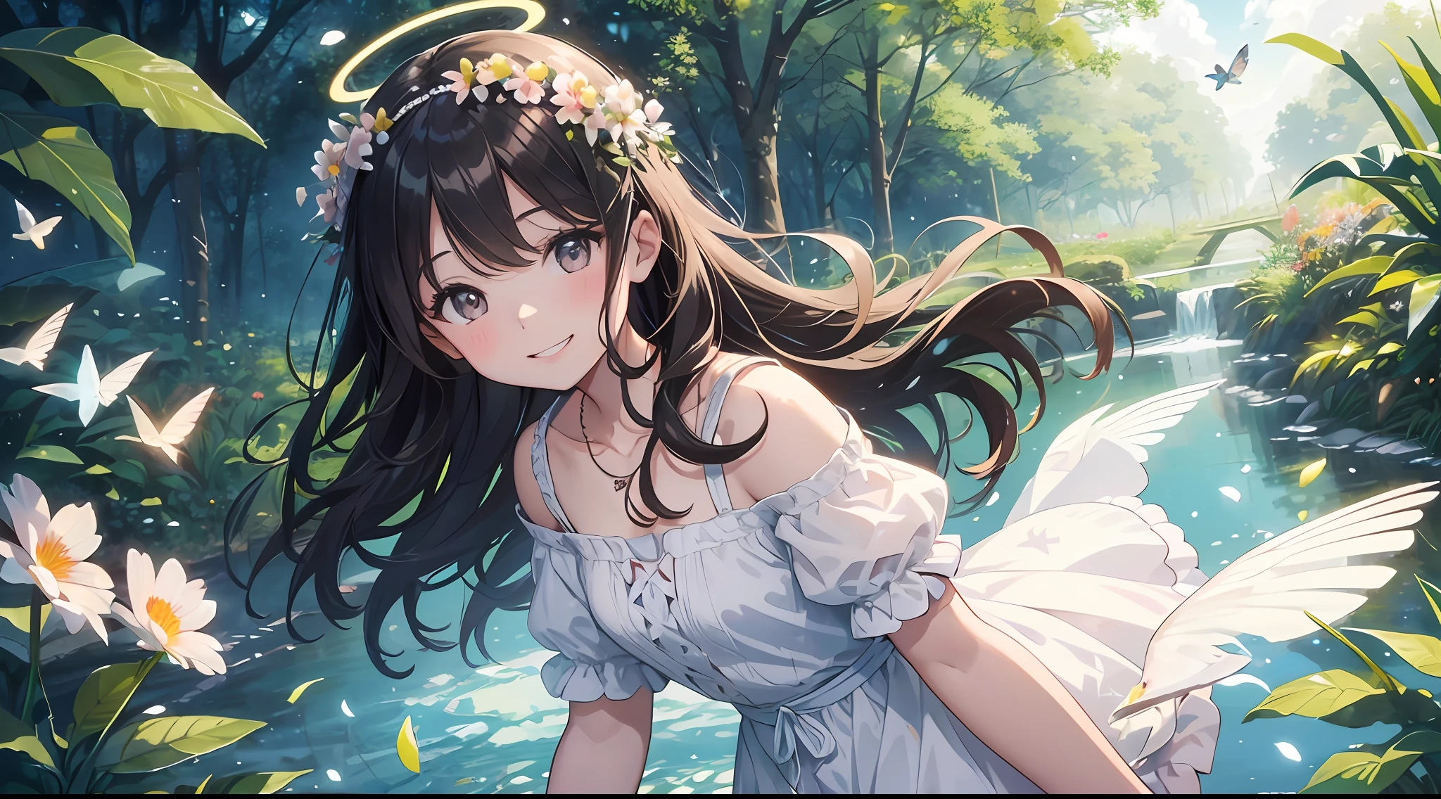 ((SFW))), Masterpiece, (High Quality), ((Photoreal)), (Cinematic Direction), (High Contrast), (Depth of Field: 1.3), (Award-winning Difference Photo: 1.1), (Face Detail), Detailed Drawing, There is a place in the forest where flowers bloom, Girl dancing in a snow-white summer dress in the flower field, Animals are jumping happily around the girl, Colorful little birds and butterflies flying around the girl, the girl is 9 years old, black hair very long hair, flower crown, full body figure, summer sky, summer clouds, summer dazzling sunlight, (flower garden), girl with open arms, dancing, necklace, ((smile)), smile, happy, fun, girl looking up at the sky, deer, flapping duck, flapping goose, hummingbird, European bulbul, kingfisher, European orli, butterfly, dazzling halo light, (dazzling glow: .1.4), (glow: 1.3), backlit, (colorful petals soar in the wind: 1.4), strong wind, showing teeth,