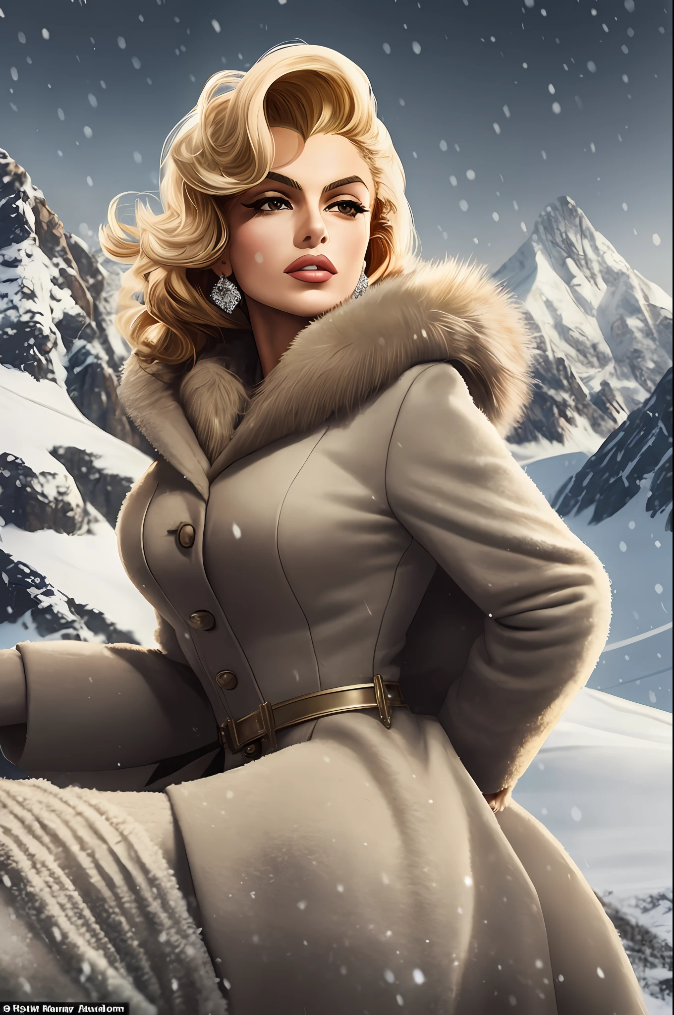 woman, Eva Mendes0.7, Marilyn Monroe0.3, wearing a coat with fur collar and cuffs, mountains and snow as background, Avedon style, photorealistic, --auto --s2