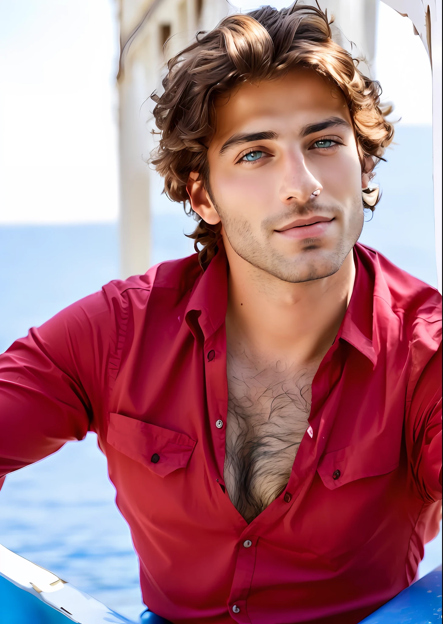 Arafed man with a hairy chest sitting on a step, light stubble in red shirt, young Italian, handsome man, long hair and red shirt, beautiful young man, thin man with light tanned skin, attractive man, young Italian, portrait of a young Italian, portrait of a beautiful young man, handsome young man, Frédéric Chopin, Onur Tuna, blue eyes