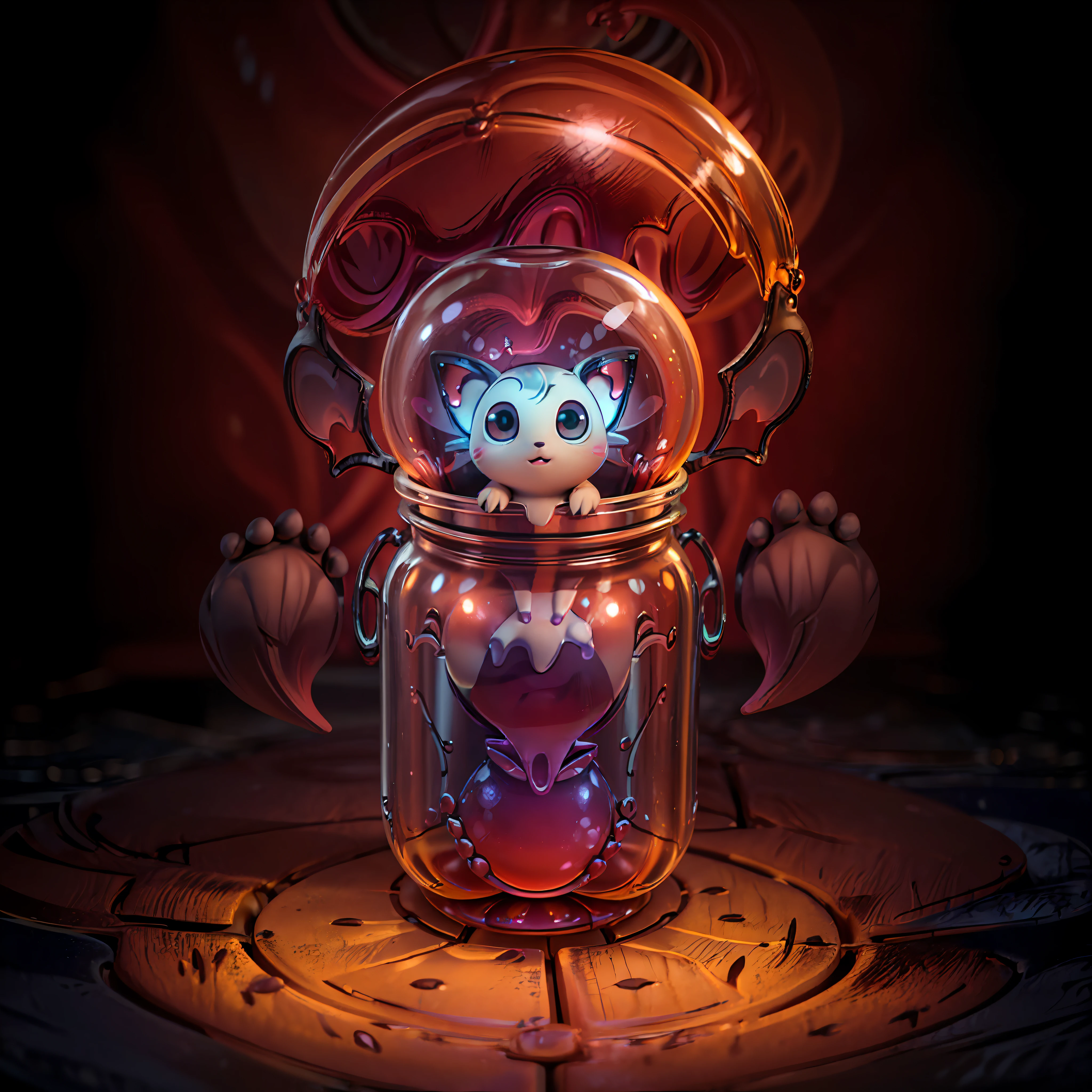 (a miniature creature with many paws in a bottle:1.4), (a detailed and high-quality CG Unity 8k image, masterpiece quality, art illustration), (macro photography), (creature is detailed and attractive, with wings, big sad eyes and glowing spots), in a dark and deep forest, with a mystical atmosphere and night lighting, (no humans:1.5), (no human:1.5), (no people:1.5)