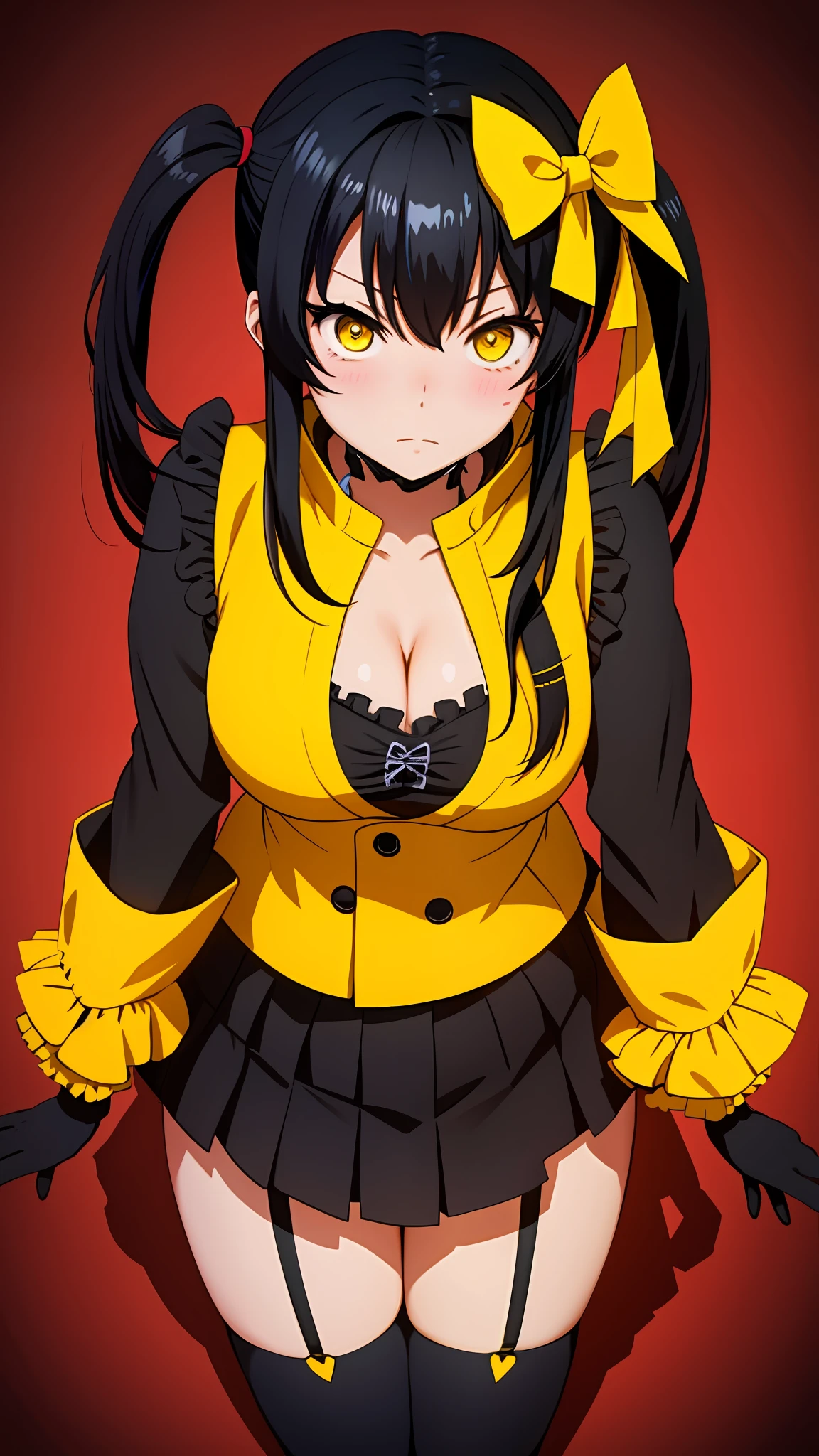 (tamaki kotatsu), Sexy, from above, facing viewer, face close up, cleavage, yellow eyes, black hair, twintail, busty, solid background, full body, 8k, absurd quality, beautiful face, hands out of frame,absurd res, high res, (masterpiece:1.4), ultra-detailed, 1girl, from front, jumping, stockings, black hair, heart shape eyes, yellow eyes, garter belt, yandere, twintail