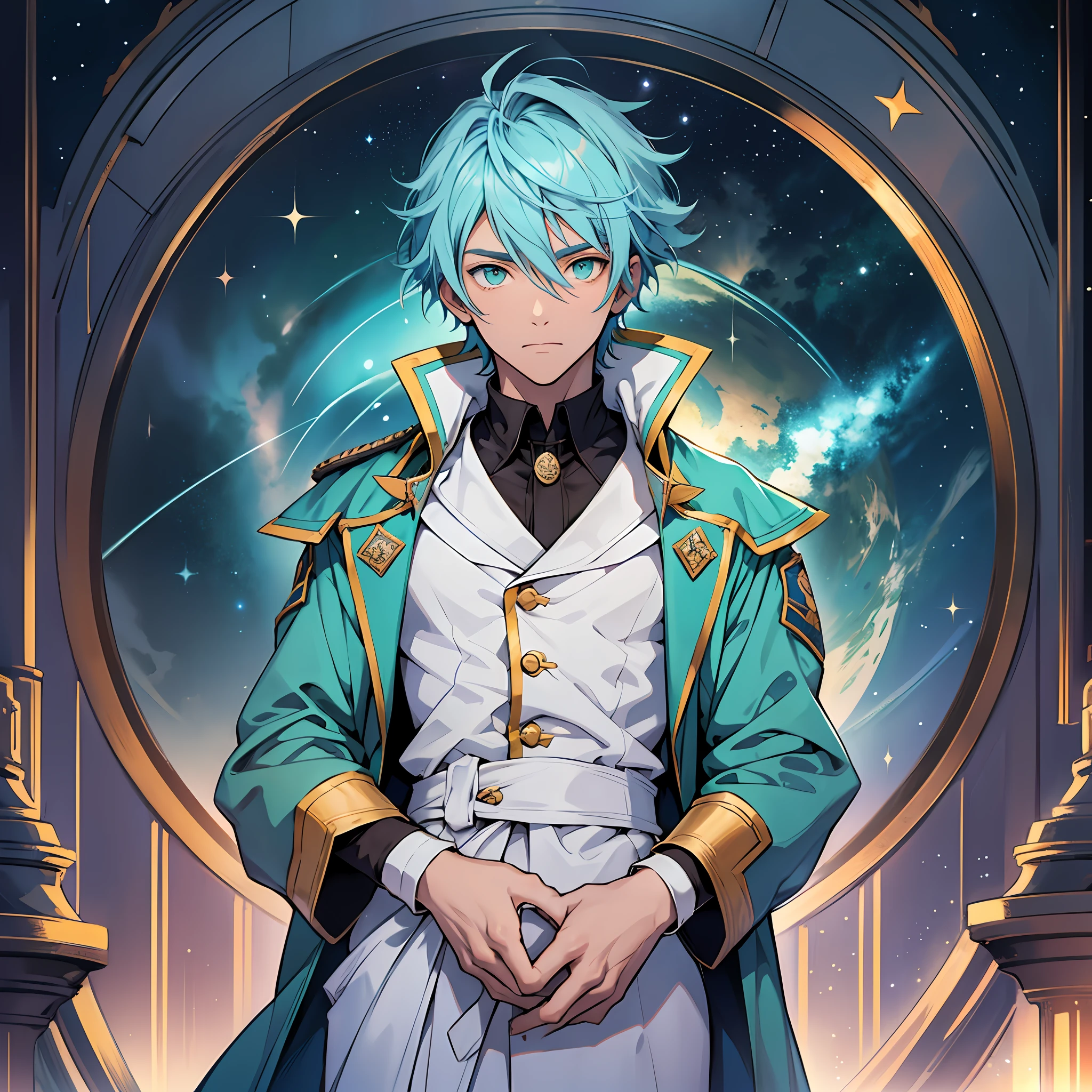 Teenage man with light blue hair and green eyes looking at the cosmos, amid stars, anime-style, with overcoat, and medieval shoulder pads --auto --s2