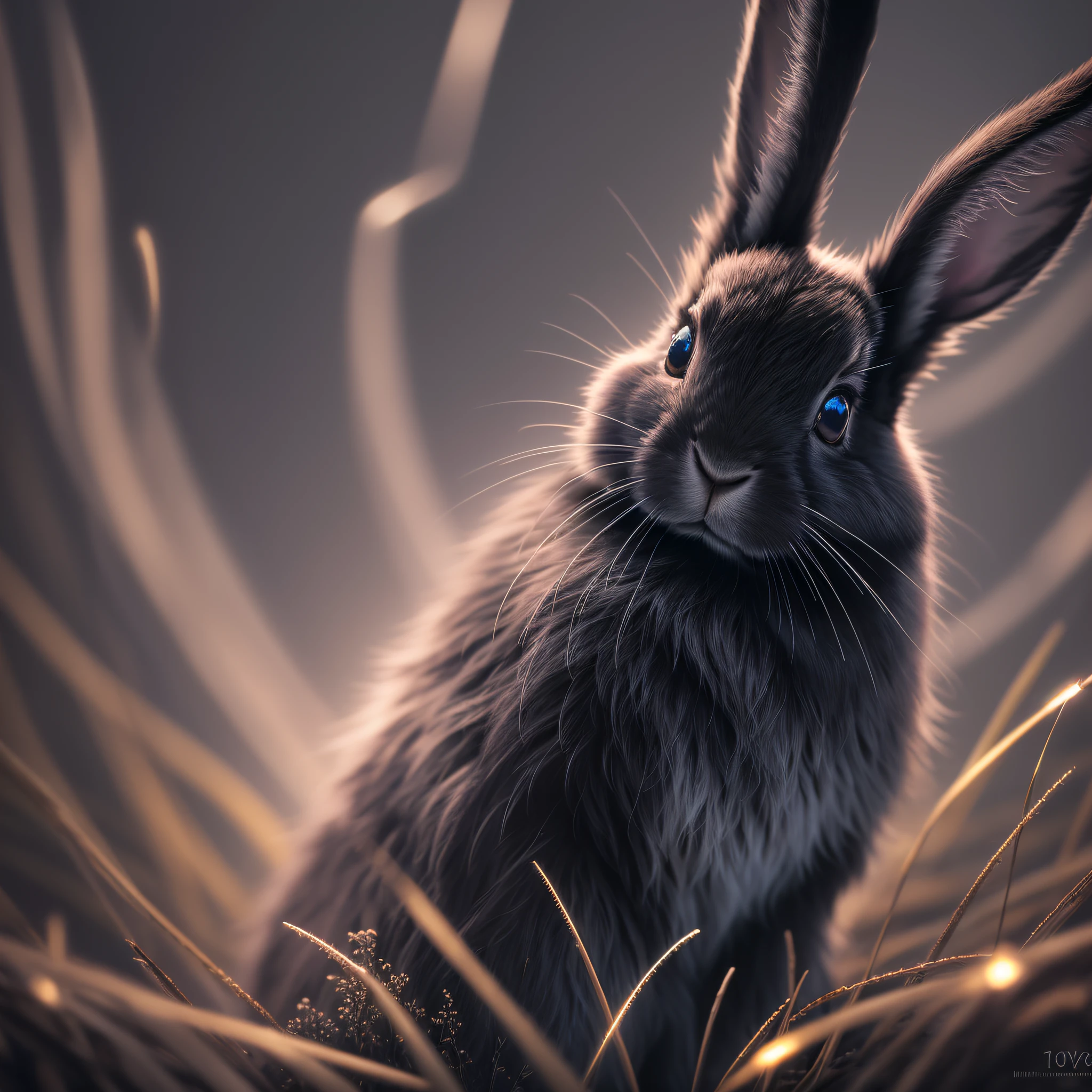 Black, Night, Rabbit Ultra Close Up Photo, Photo, Glow Lop Rabbit, Backlight, Glow Particle, Furry, Night, Firefly, Volumetric Fog, Halo, Bloom, Dramatic Atmosphere, Center, Rule of Thirds, 200mm 1.4F Macro Shot