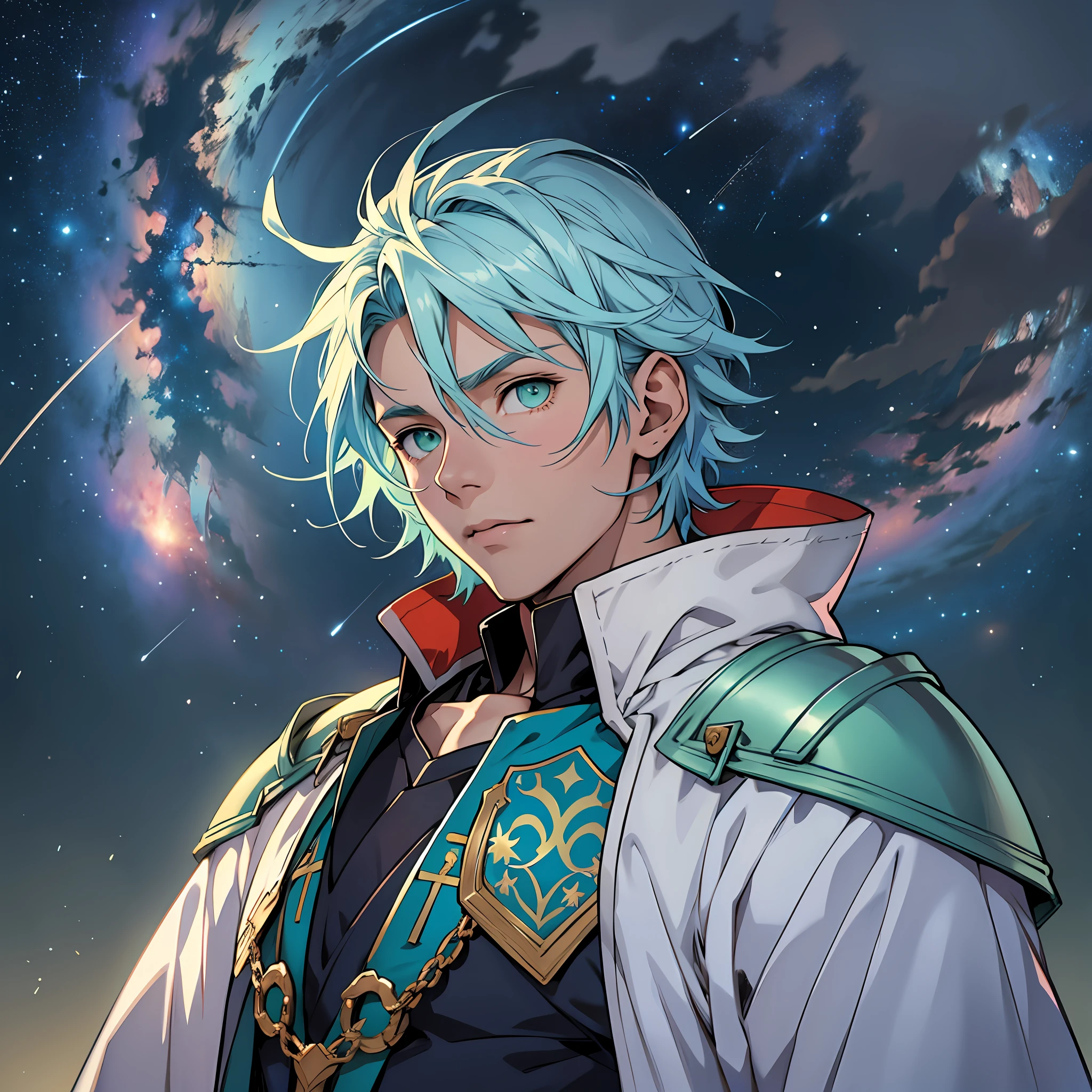 Teenage man with light blue hair and green eyes looking at the cosmos, amid stars, anime-style, with overcoat, and medieval shoulder pads --auto --s2