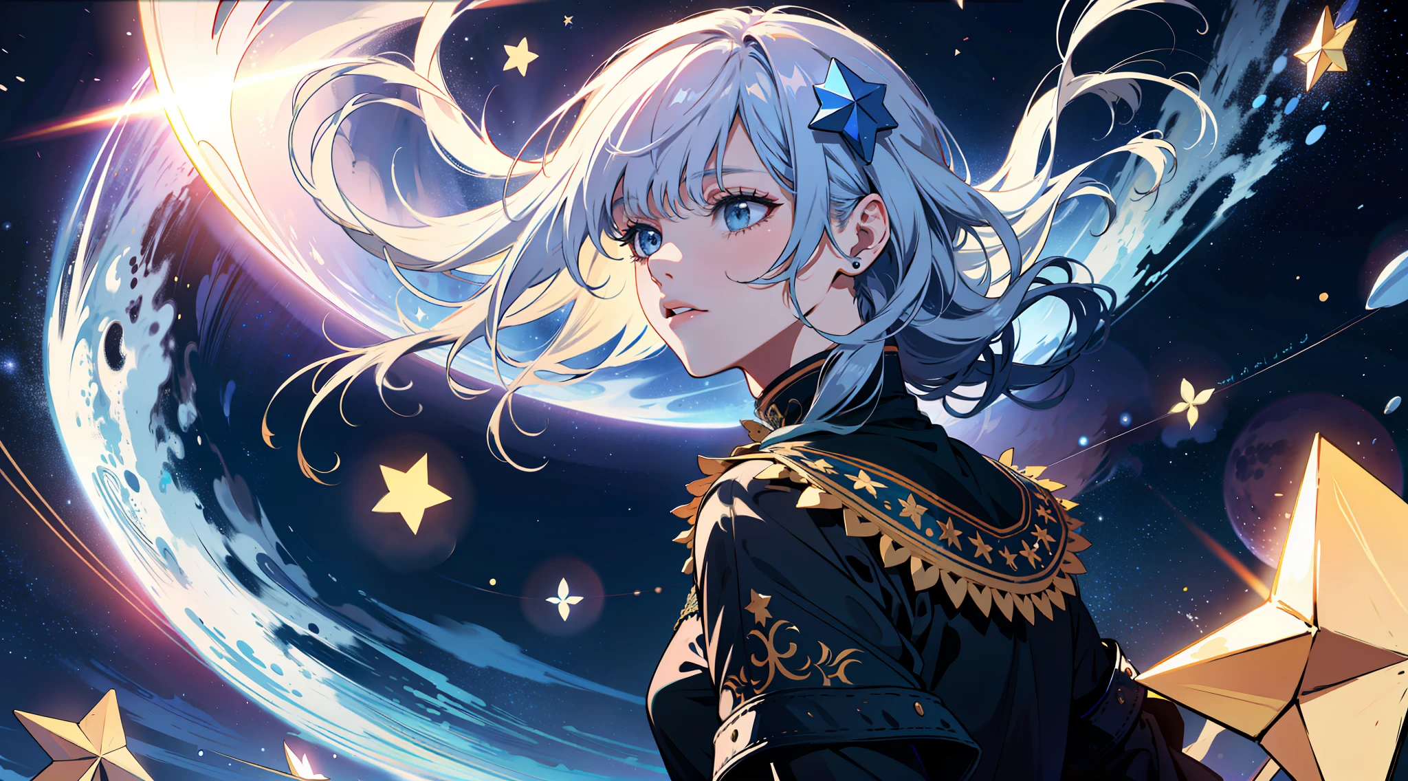 wallpaper, ridiculous resolution, high resolution, (masterpiece:1.4), super detailed, stars, seen from above, space, floating, night, delicate blue loght, --v 6