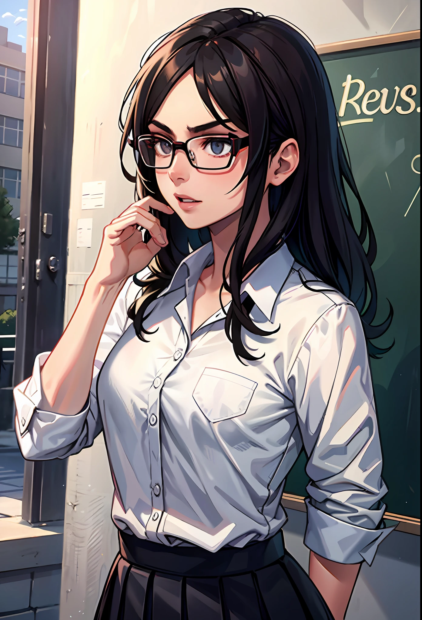 masterpiece, 1 guy, dark hair, rectangular glasses, shirt, school, upper body,