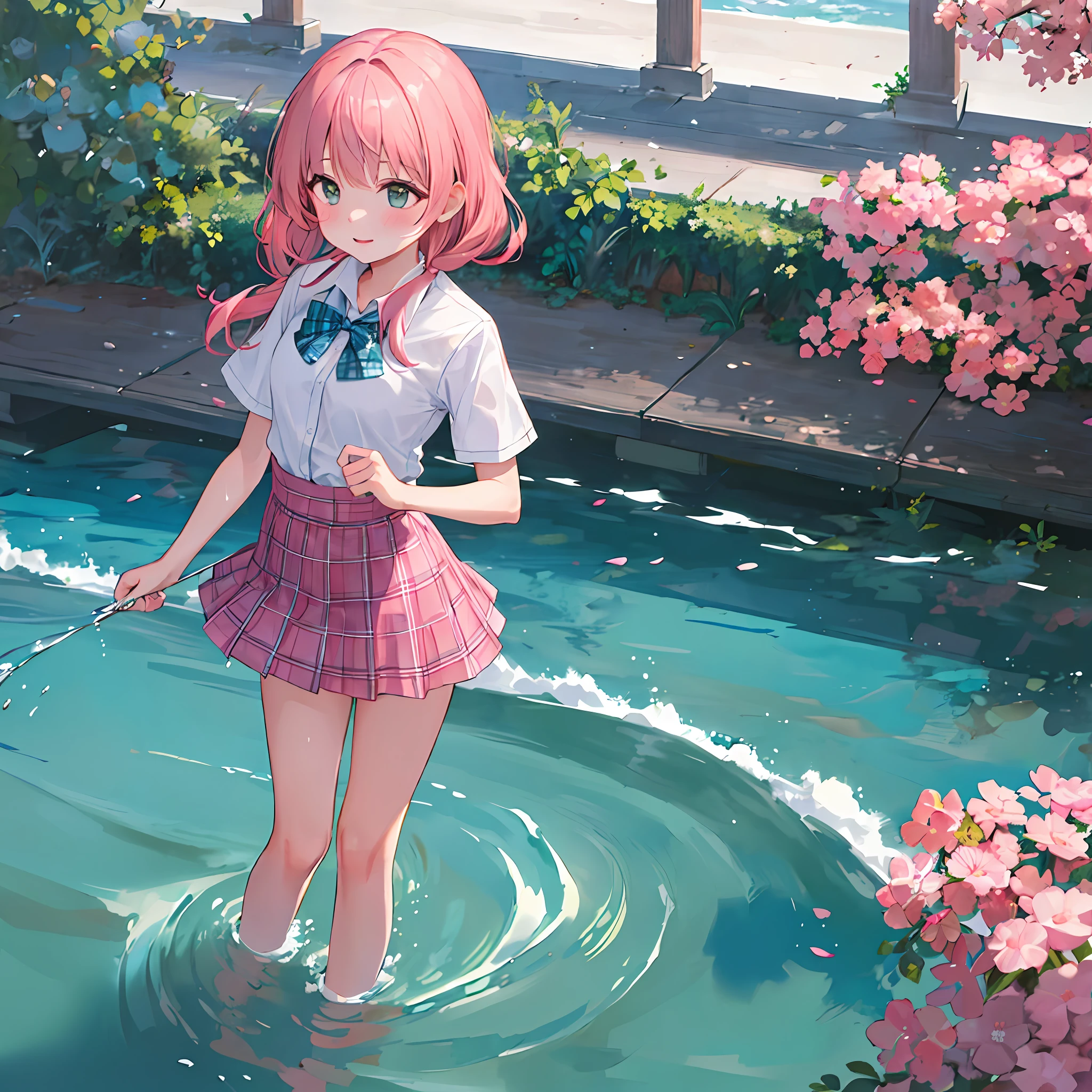 ((masterpiece)), ((best quality)), (ultra-detailed), ((extremely detailed)),
((kawaii school girl)), (loli:1.2), solo, standing girl, (walk in water:1.2), (splash:1.3),
dynamic angle, (from below:1.2),
seductive pose ,
arms behind back ,
cute face, green eyes, (pink hair:1.3), wet hair dripping water, wet skin, short sleeve shirt , bowtie, visible bra, (pink plaid skirt:1.3), panties,
lift up skirt, ((soaked)), ((wet clothes)), ((wet plaid skirt)), wet plaid skirt dripping water, (hair blow:1.2),
outdoors, clear summer sky, (sea:1.5), water, ultra detailed background,
dynamic angle, (cinematic light: 1.2), (rim light:1.5)