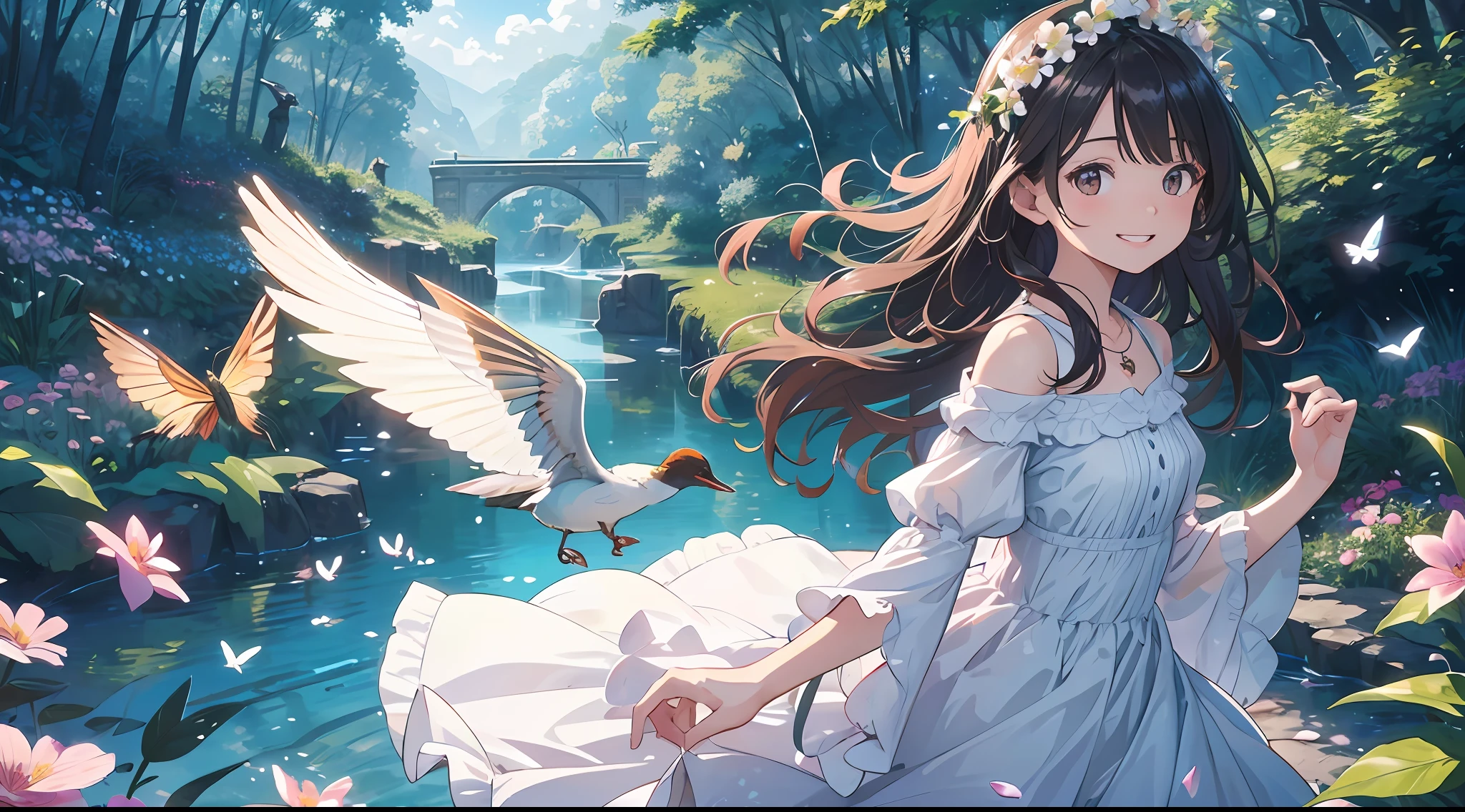 ((SFW))), Masterpiece, (High Quality), ((Photoreal)), (Cinematic Direction), (High Contrast), (Depth of Field: 1.3), (Award-winning Difference Photo: 1.1), (Face Detail), Detailed Drawing, There is a place in the forest where flowers bloom, Girl dancing in a snow-white summer dress in the flower field, Animals are jumping happily around the girl, Colorful little birds and butterflies flying around the girl, the girl is 9 , black hair very long hair, flower crown, full body figure, summer sky, summer clouds, summer dazzling sunlight, (flower garden), girl with open arms, dancing, necklace, ((smile)), smile, happy, fun, girl looking up at the sky, deer, flapping duck, flapping goose, hummingbird, European bulbul, kingfisher, European orli, butterfly, dazzling halo light, (dazzling glow: .1.4), (glow: 1.3), backlit, (colorful petals soar in the wind: 1.4), strong wind, showing teeth,