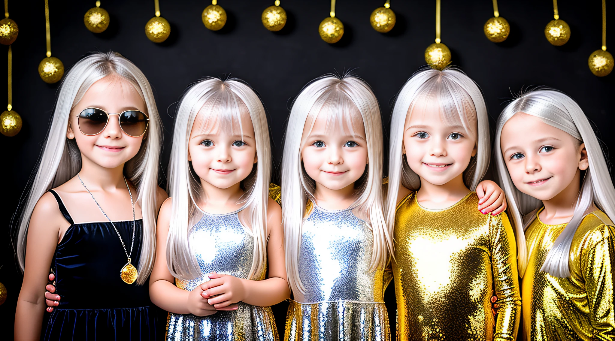 3 girlsRussian children with 10 years old, WITH LONG STRAIGHT HAIR, PORTRAIT STYLE, sunglasses holding a disco ball yellow background, disco ball, silver hair, disc smile,