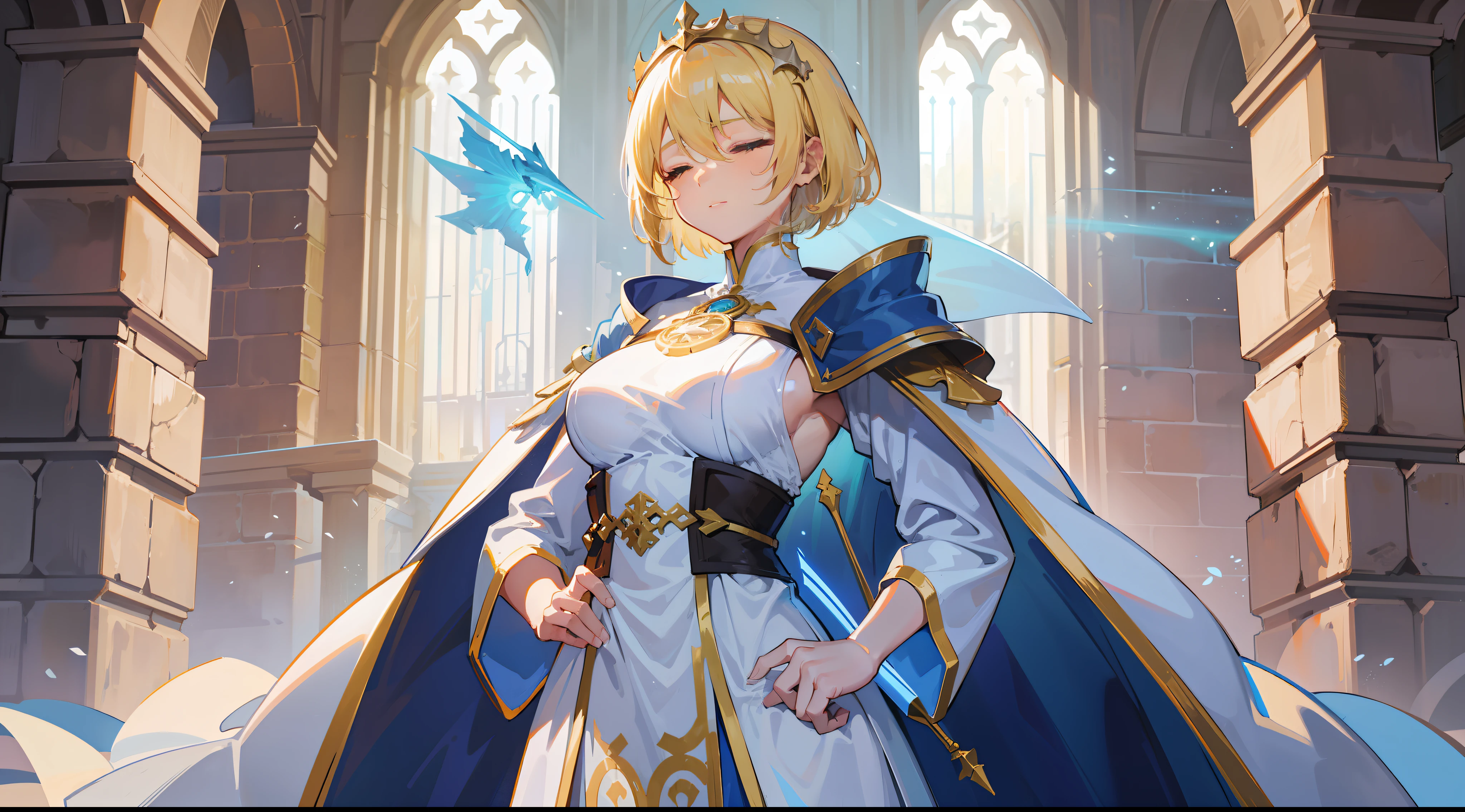 a girl, cleric, blonde, short hair, closed eyes, beautiful breasts, hair between eyes, bangs, full body, confident, heroic posture, white and blue robe, fantasy, medieval, rays of sun