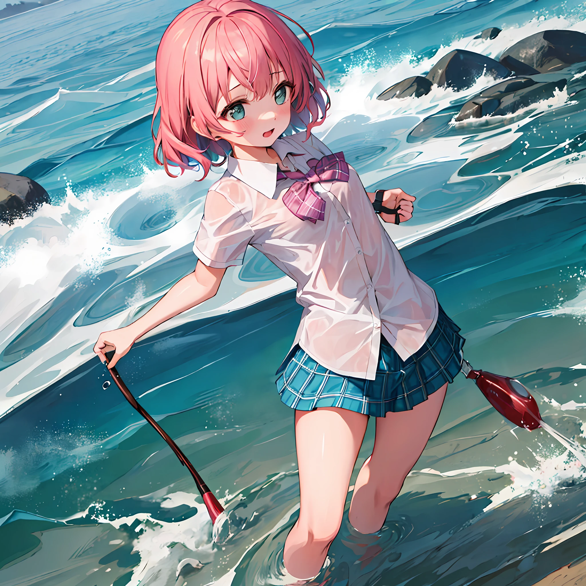 ((masterpiece)), ((best quality)), (ultra-detailed), ((extremely detailed)),
((kawaii school girl)), (loli:1.2), solo, standing girl, (walk in water:1.2), (splash:1.3),
dynamic angle, (from below:1.2),
seductive pose ,
arms behind back ,
cute face, green eyes, (pink hair:1.3), wet hair dripping water, wet skin, short sleeve shirt , bowtie, visible bra, (pink plaid skirt:1.3), panties,
lift up skirt, ((soaked)), ((wet clothes)), ((wet plaid skirt)), wet plaid skirt dripping water, (hair blow:1.2),
outdoors, clear summer sky, (sea:1.5), water, ultra detailed background,
dynamic angle, (cinematic light: 1.2), (rim light:1.5)