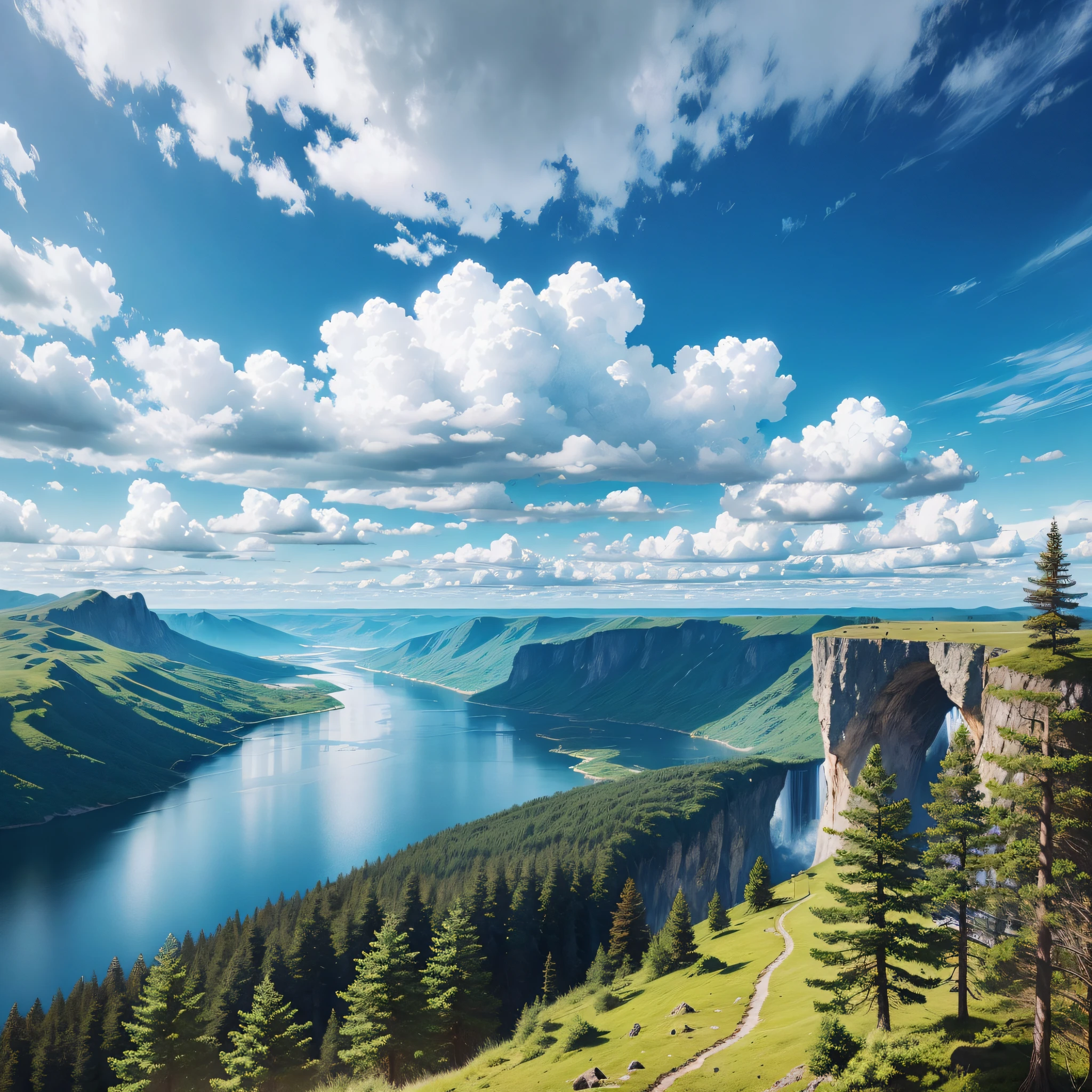 landscape, outdoor, sky, cloud, sky, no man, mountain, landscape, water, tree, blue sky, waterfall, cliff, nature, lake, river, cloudy sky --auto --s2