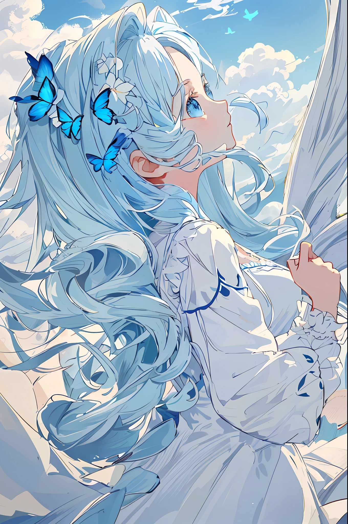 art by Cornflower, dreamy, (best quality, masterpiece, highres,cinematic lighting, volume lighting,contour deepening,(backlighting),profile,extremely detailed 8K wallpaper, 1girl,loli ,chiffon dress,an extremely delicate and beautiful,beautiful detailed eyes,white_hair,[[long_hair]],medium_breasts,(cumuliform cloud:1.35),(beautiful detailed cloud),Blue Butterfly,upper body)