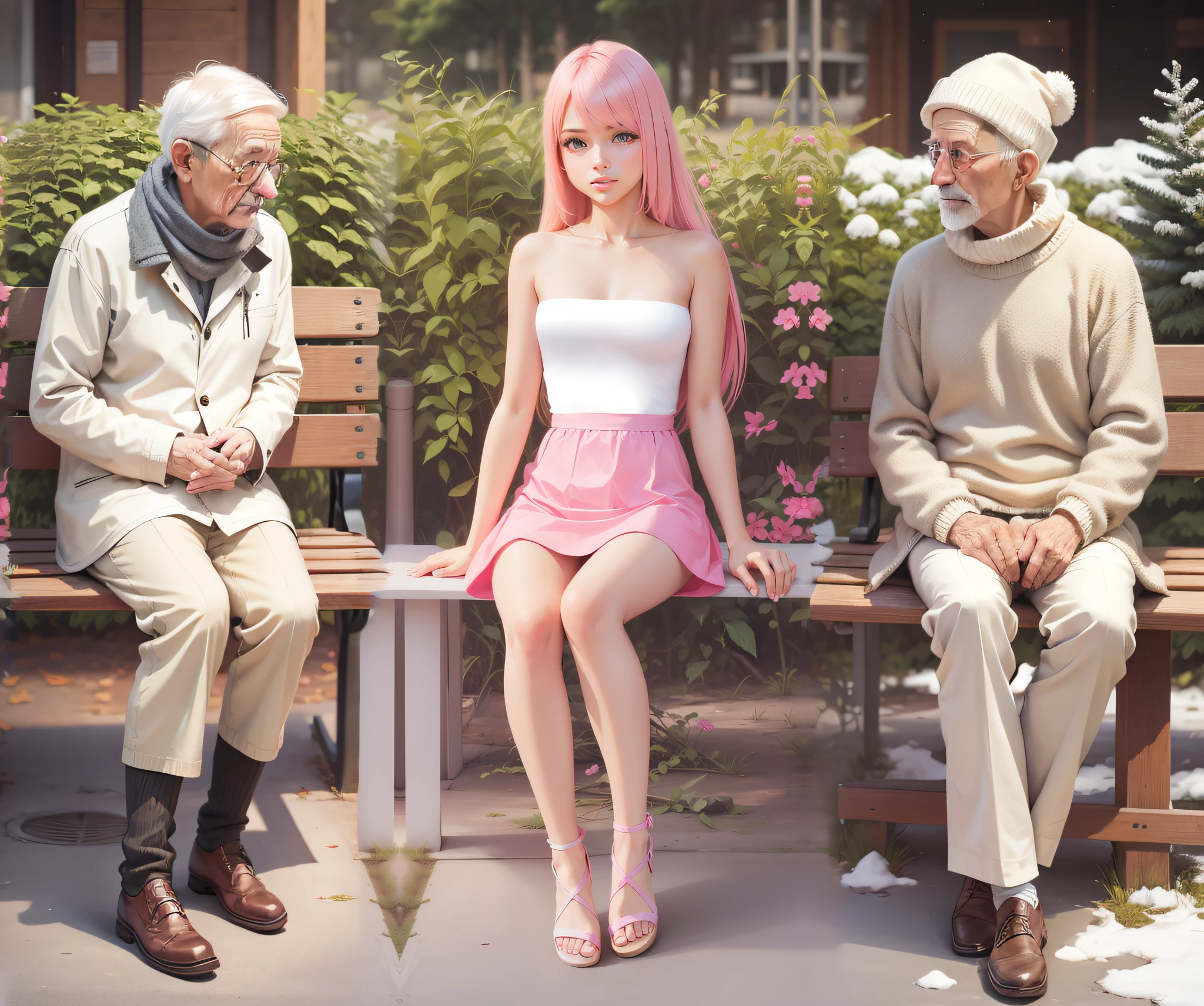 grandfather, winter clothes, man, expressionless, sitting on a bench --auto --s2