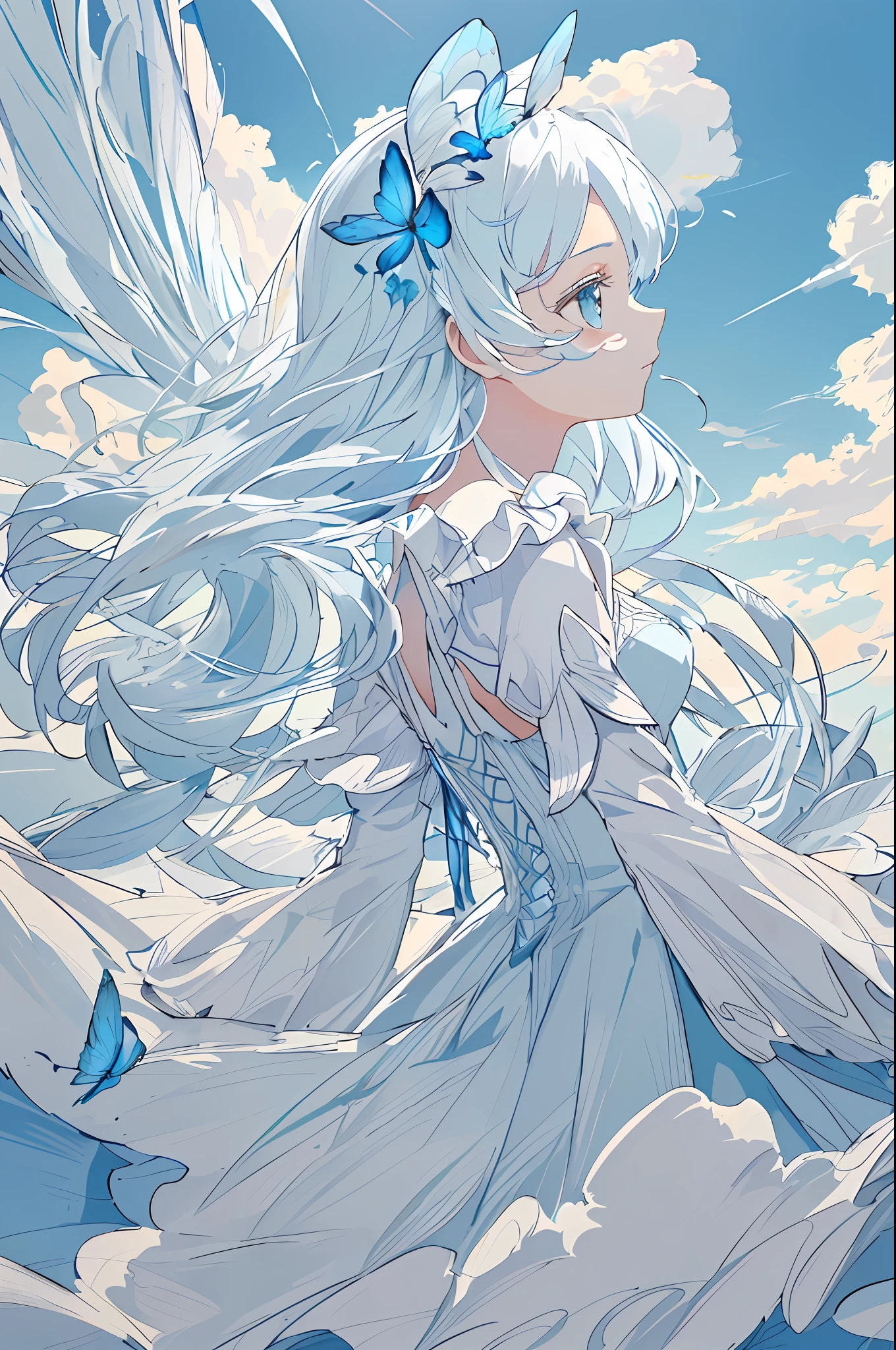 art by Cornflower, dreamy, (best quality, masterpiece, highres,cinematic lighting, volume lighting,contour deepening,(backlighting),profile,extremely detailed 8K wallpaper, 1girl,loli ,chiffon dress,an extremely delicate and beautiful,beautiful detailed eyes,white_hair,[[long_hair]],medium_breasts,(cumuliform cloud:1.35),(beautiful detailed cloud),Blue Butterfly,upper body)