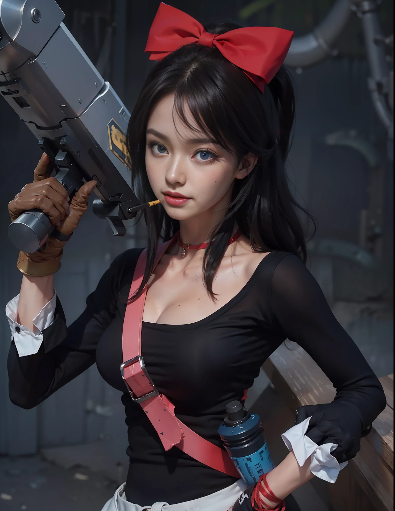 (female:1.2) (bodybuilder:0.8), hyper realistic, masterpiece, photorealistic, real skin, detailed face, detailed skin, detailed lighting, 1girl, teen, red ribbon, long hair, black hair, (blue eyes), smile, eat lollipop, holding rocket launcher, brown gloves