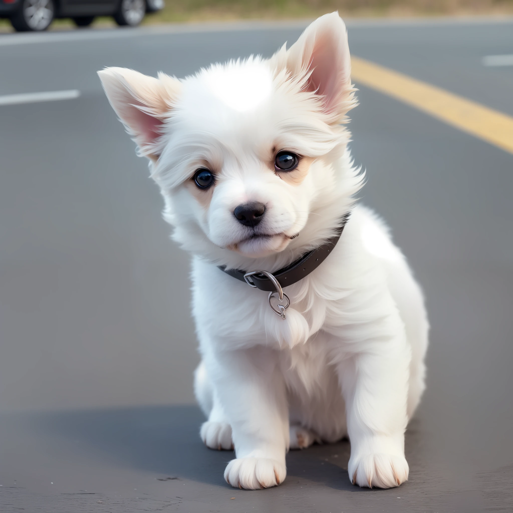 Cute and adorable puppy, puppy with white and black fur, one puppy, happy face, waiting for someone in the parking lot, looking at it from a distance