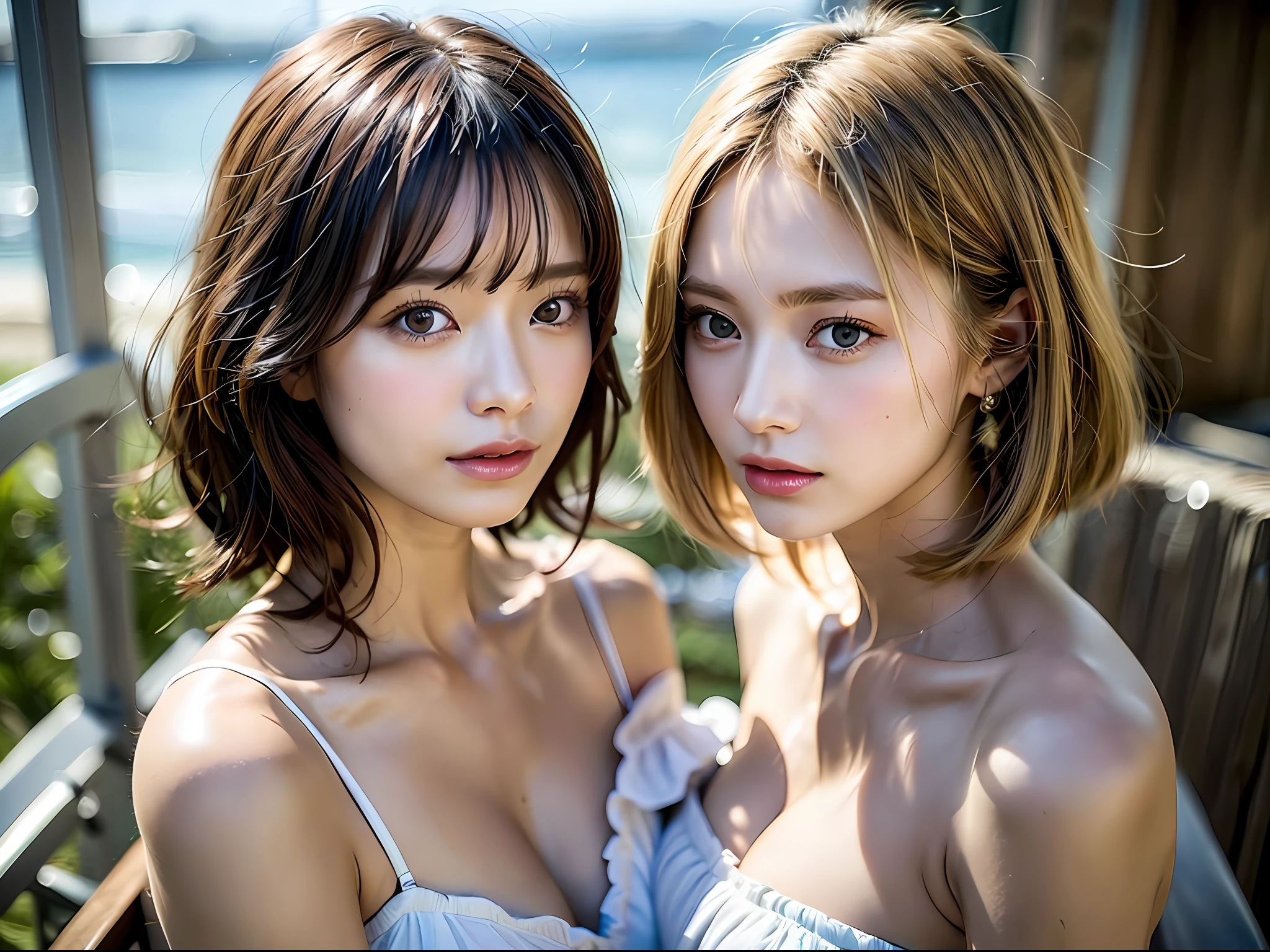 (8k, Best Quality, Masterpiece:1.2),(hair_style) ,(Realistic, Photorealistic:1.37), Best Quality, Masterpiece, Shot on a wooden deck with a view of the sky and sea in the summer sun, [Small breasts], Two models with a similar atmosphere, two people arranged in a well-balanced manner, high balance, backlight, camera angle from below, Hands over the ears, Shot in natural light from morning to noon, Hairstyle and fashion style according to the trend of Japan in 2023, realistic, lifelike, super detailed, beautiful face, 30s, actress, Japan and half Russian model, elaborate CG, slender, cute, adult, hairstyle is two long models and bob models according to the Japan fashion of 2023, hair fluttering in the wind, delicate skin type, The fine details and softness of the hair, the model's hair color is slightly bright and soft, the glossy makeup, fashion style is a cheerful impression with a bright color surf fashion without exposure that matches the summer trend of 2023