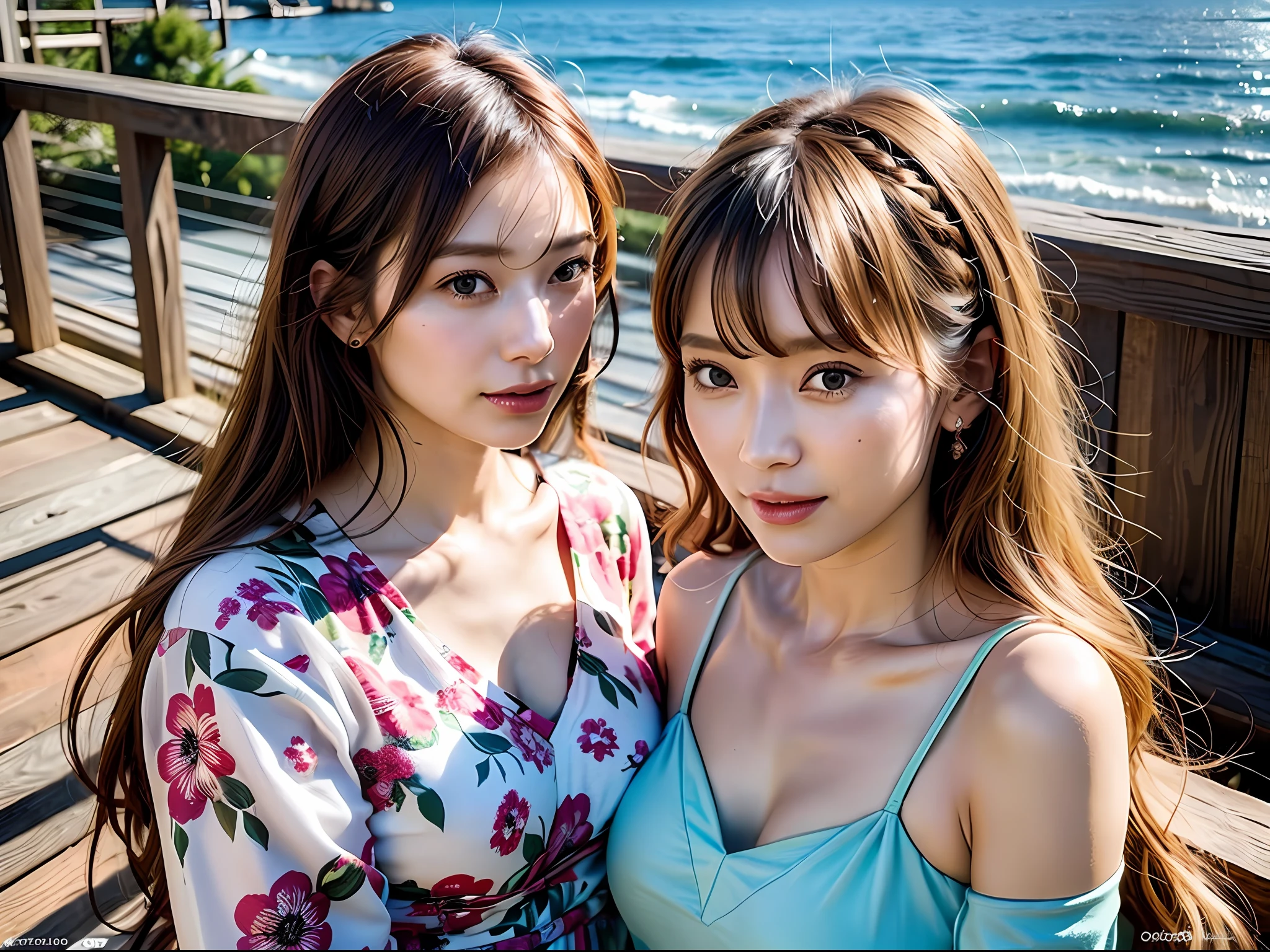 (8k, Best Quality, Masterpiece:1.2),(hair_style) ,(Realistic, Photorealistic:1.37), Best Quality, Masterpiece, Shot on a wooden deck with a view of the sky and sea in the summer sun, [Small breasts], Two models with a similar atmosphere, two people arranged in a well-balanced manner, high balance, backlight, camera angle from below, Hands over the ears, Shot in natural light from morning to noon, Hairstyle and fashion style according to the trend of Japan in 2023, realistic, lifelike, super detailed, beautiful face, 30s, actress, Japan and half Russian model, elaborate CG, slender, cute, adult, hairstyle is two long models and bob models according to the Japan fashion of 2023, hair fluttering in the wind, delicate skin type, The fine details and softness of the hair, the model's hair color is slightly bright and soft, the glossy makeup, fashion style is a cheerful impression with a bright color surf fashion without exposure that matches the summer trend of 2023