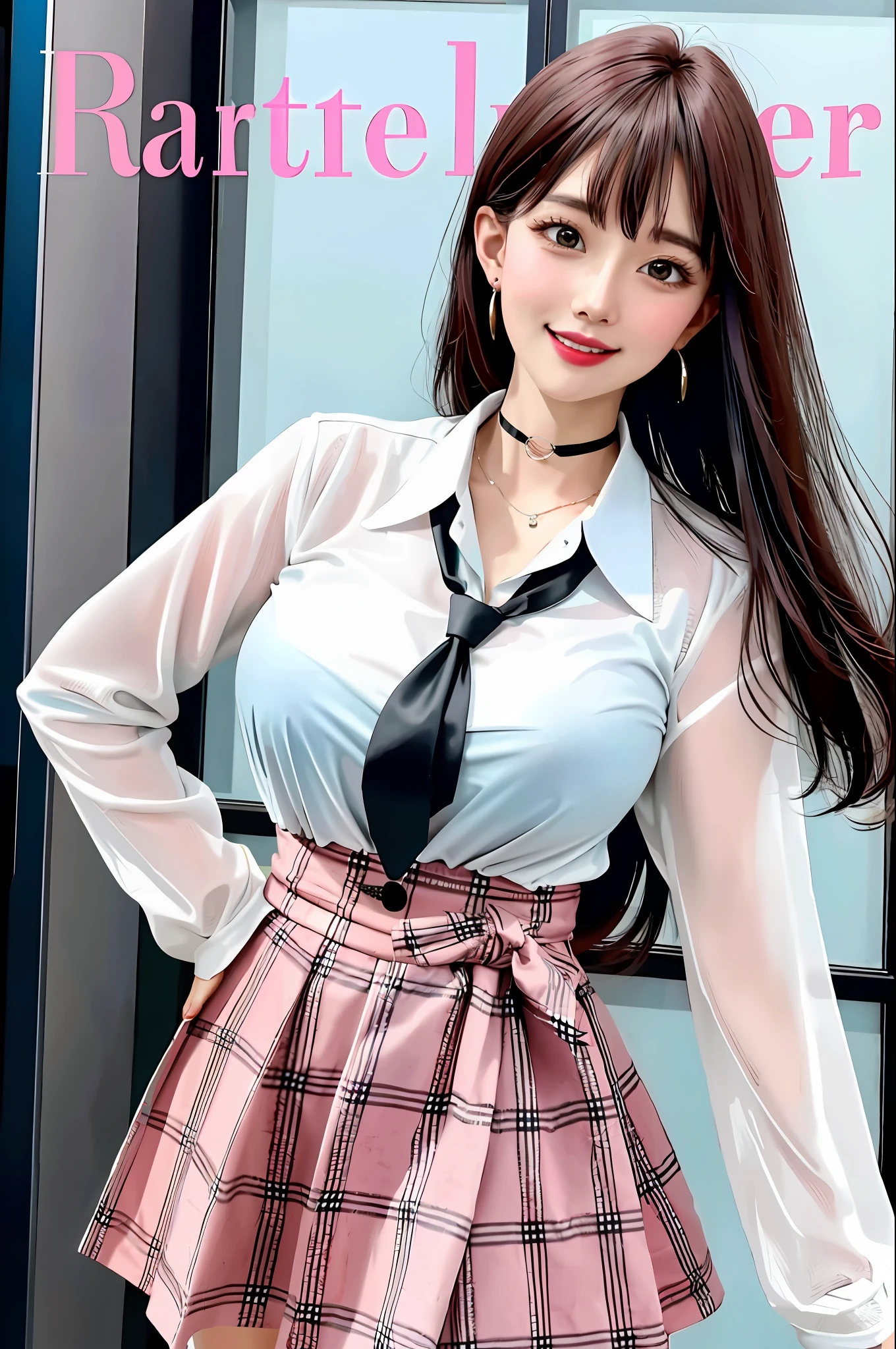 masterpiece, best quality, full body, 1girl, bangs, black choker, black necktie, black hair, blue skirt, blush, bracelet, breasts, choker, clothes around waist, collarbone, collared shirt, cowboy shot, dress shirt, ear piercing, eyebrows visible through hair, gradient hair, grin, gyaru, jewelry, kogal, long hair, looking at viewer, loose necktie, necktie, piercing, plaid, plaid skirt, pleated skirt, red eyes, ring, school uniform, shirt, skirt, smile, solo, white shirt, street, sky, cherry blossoms, petals,illustration, (magazine:1.3), (cover-style:1.3), fashionable, woman, vibrant, outfit, posing, front, colorful, dynamic, background, elements, confident, expression, holding, statement, accessory, majestic, coiled, around, touch, scene, text, cover, bold, attention-grabbing, title, stylish, font, catchy, headline, larger, striking, modern, trendy, focus, fashion,