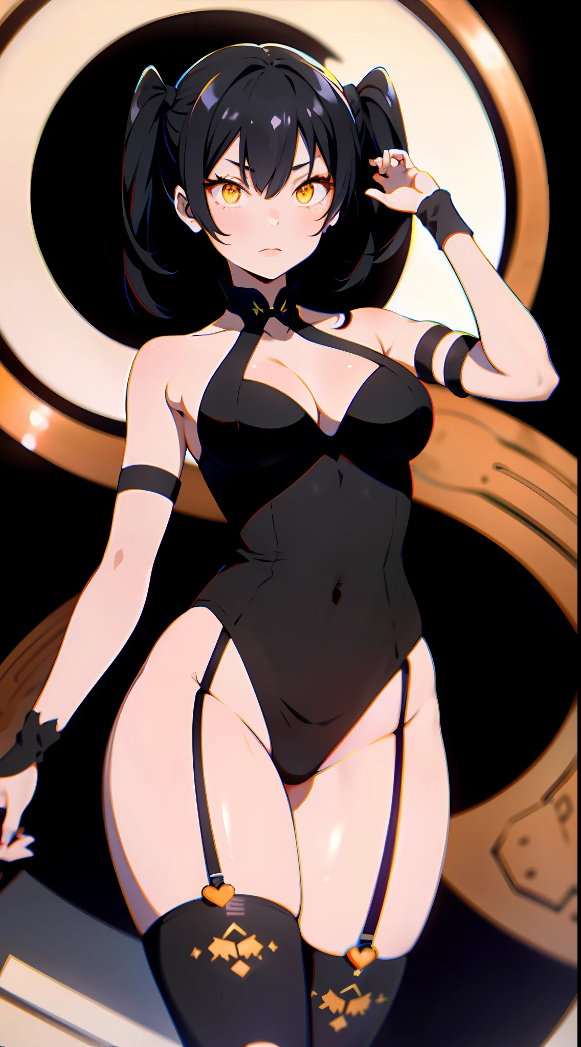absurd res, high res, (masterpiece:1.4), ultra-detailed, 1girl, from front, space, floating, black mixed with orange Chinese dress, black dress, stockings, black hair, heart shape eyes, beautiful face, orange eyes, yellow eyes, garter belt, yandere