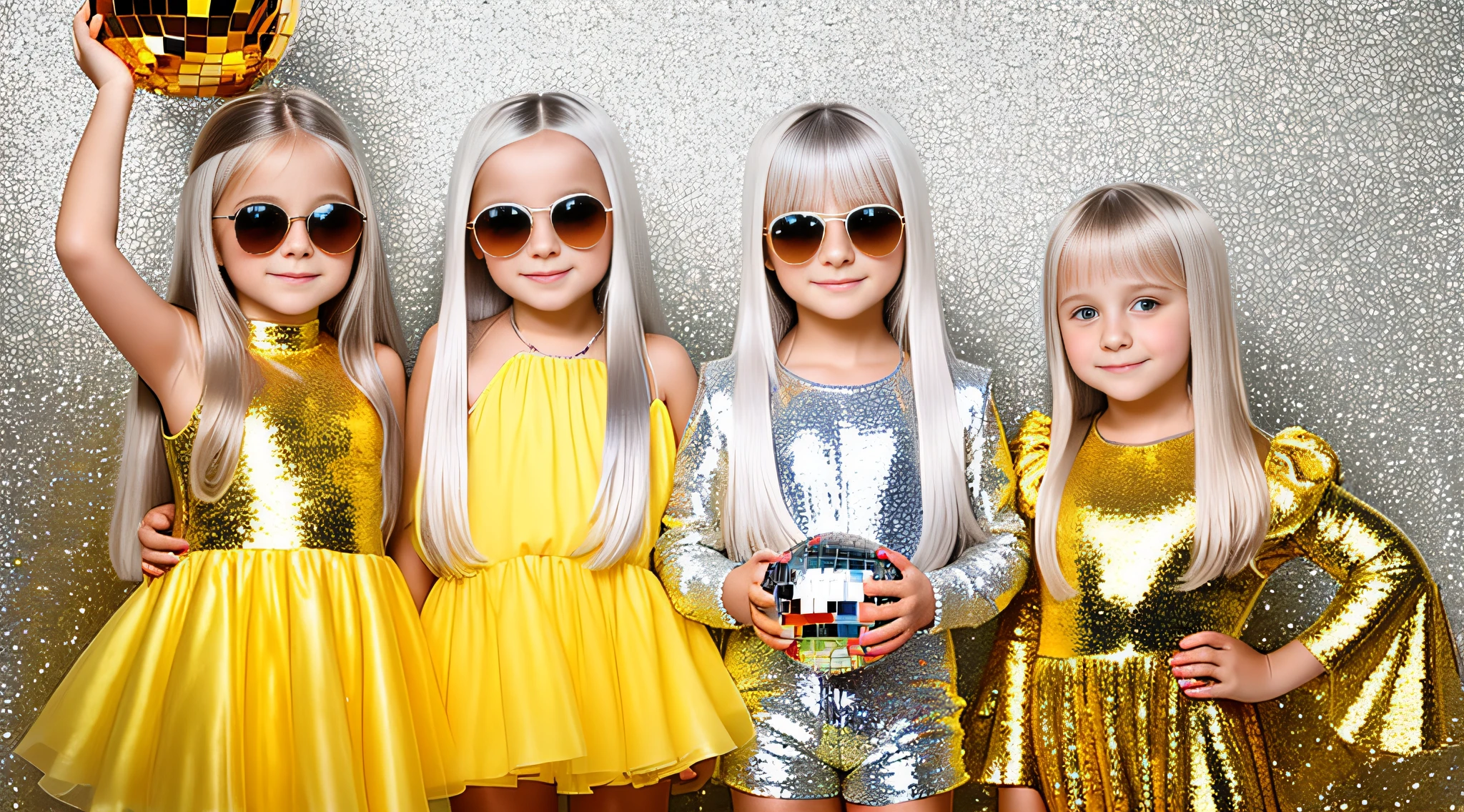 3 girlsRussian children with s old, WITH LONG STRAIGHT HAIR, PORTRAIT STYLE, sunglasses holding a disco ball yellow background, disco ball, silver hair, disc smile,