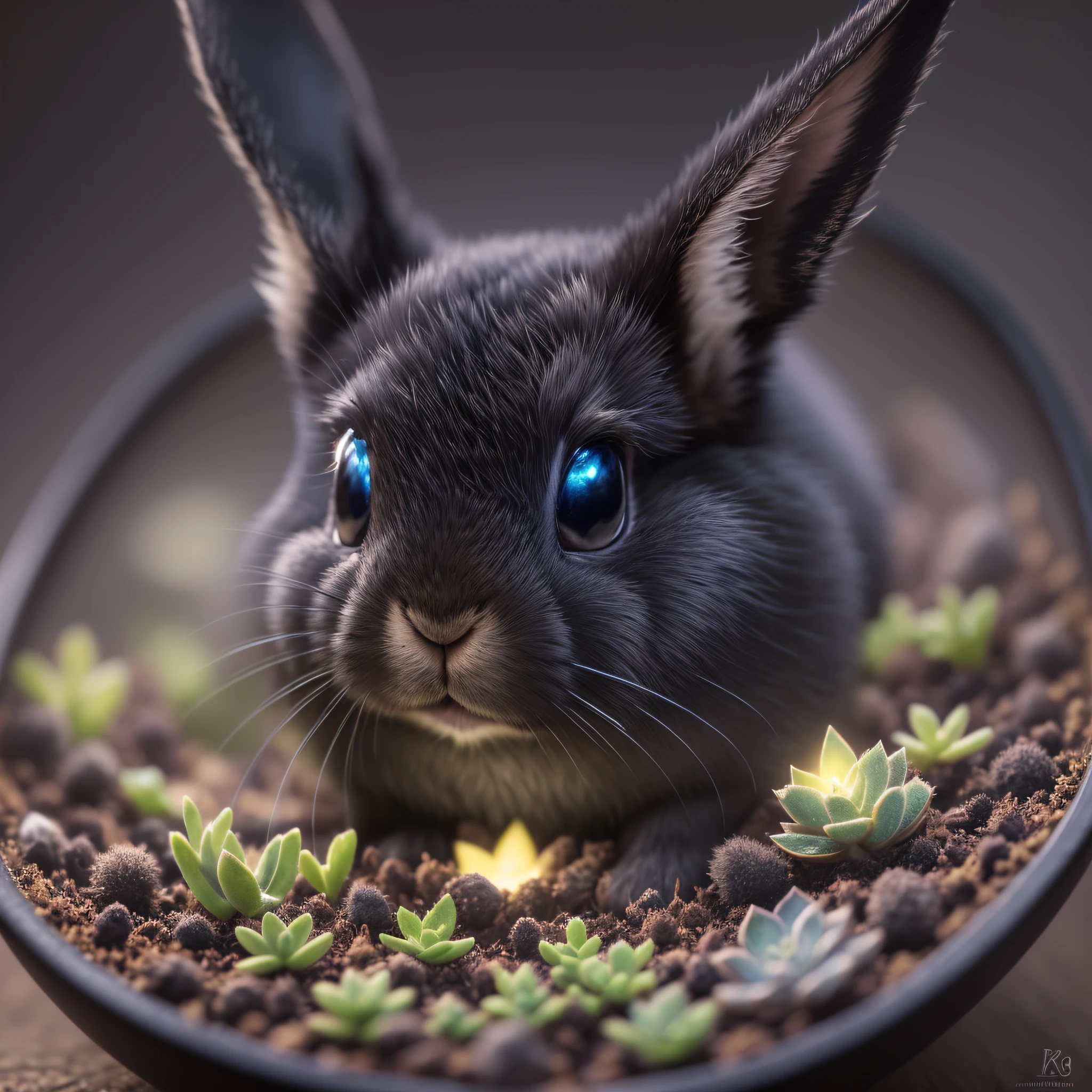Black, Succulent Garden Inside, Night, Rabbit Close Up, Ultra Close Up, Luminous Rabbit, Glow Lop Rabbit, Furry, Night, Firefly, Volume Fog, Halo, Bloom, Center, Rule of Thirds, 200mm 1.4F Macro Shot