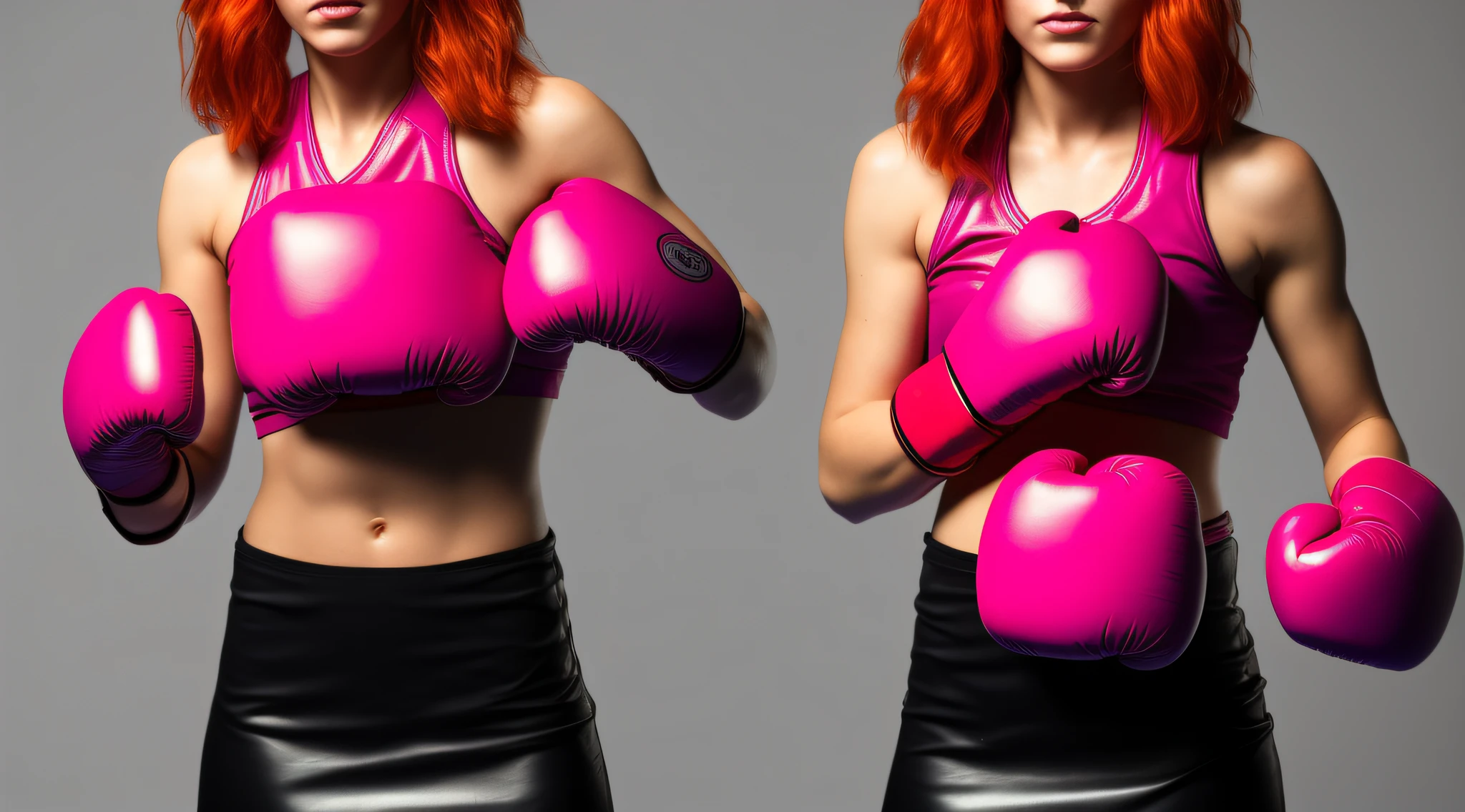 mix4, solo, woman,
very sweaty, wet look, wet hair, oiled body, 
redhead_hair, redhead very_short_hair,
(full length portrait),
very_big_breasts, deep cleavage,
standing in a boxing ring, stadium_background,
fighting pose, victory pose, boxing pose, 
(pink boxing gloves), (10 oz boxing gloves), (reyes boxing gloves),
(pink leather skirt), (mini skirt), (leather skirt),
high_heels, (pink high leather boots), (knee high boots),
fit, muscle, strong abs, strong arms,
full_body, look_at_viewer, 
(8k, RAW photo, best quality, masterpiece:1.2), (realistic, photo-realistic:1.37), 
professional lighting, photon mapping, radiosity, physically-based rendering,