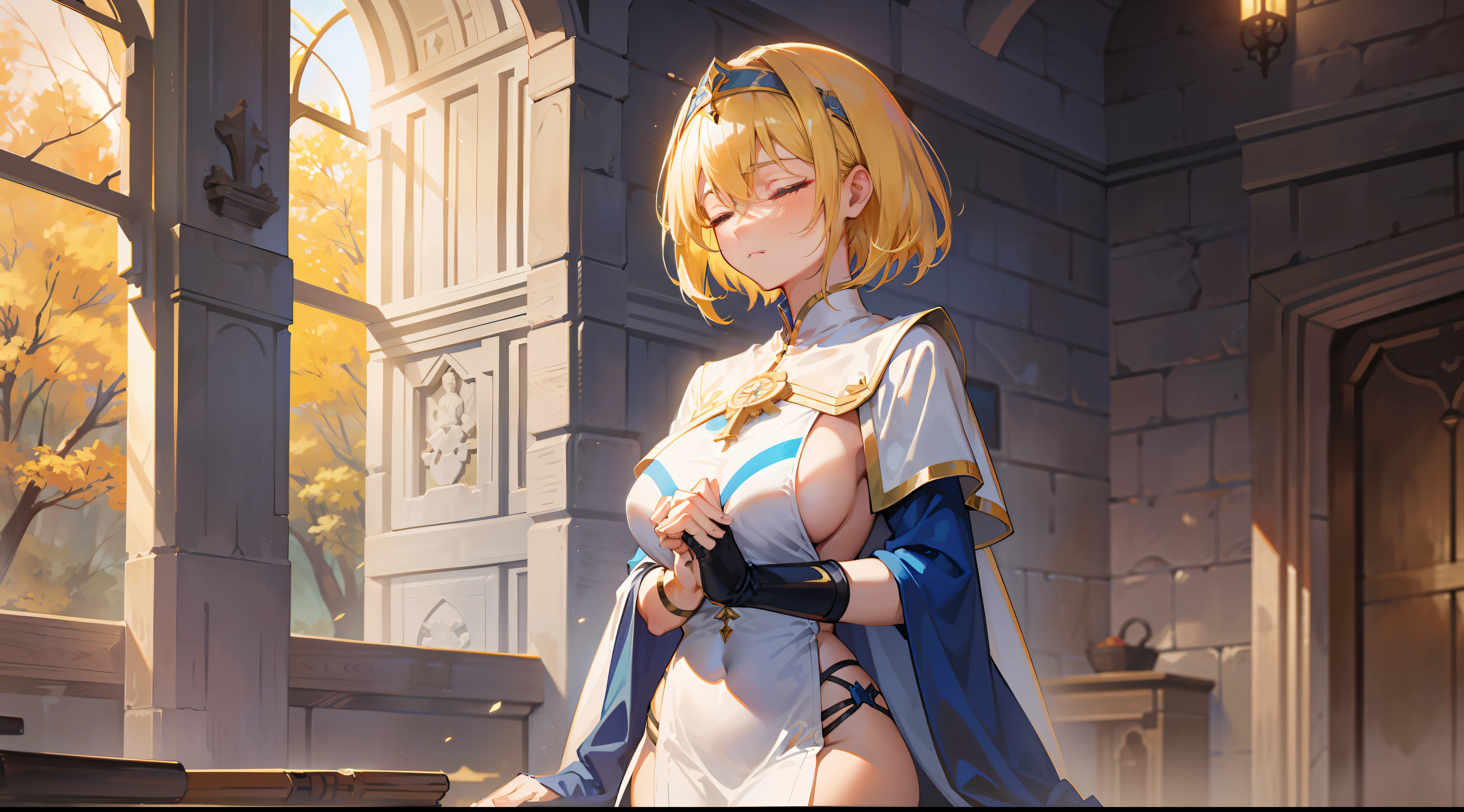 a girl, cleric, blonde, short hair, closed eyes, beautiful breasts, hair between eyes, bangs, full body, confident, heroic posture, white and blue robe, fantasy, medieval, rays of sun