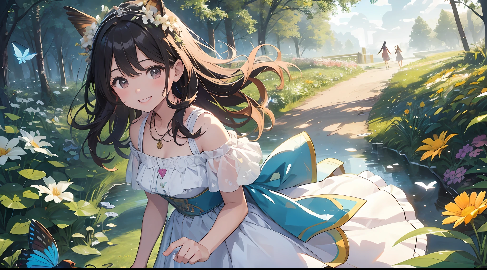 ((SFW))), Masterpiece, (High Quality), ((Photoreal)), (Cinematic Direction), (High Contrast), (Depth of Field: 1.3), (Award-winning Difference Photo: 1.1), (Face Detail), Detailed Drawing, There is a place in the forest where flowers bloom, Girl dancing in a snow-white summer dress in the flower field, Animals are jumping happily around the girl, Colorful little birds and butterflies flying around the girl, the girl is 9 years old, black hair very long hair, flower crown, full body figure, summer sky, summer clouds, summer dazzling sunlight, (flower garden), girl with open arms, dancing, necklace, ((smile)), smile, happy, fun, girl looking up at the sky, deer, flapping duck, flapping goose, hummingbird, European bulbul, kingfisher, European orli, butterfly, dazzling halo light, (dazzling glow: .1.4), (glow: 1.3), backlit, (colorful petals soar in the wind: 1.4), strong wind, showing teeth,
