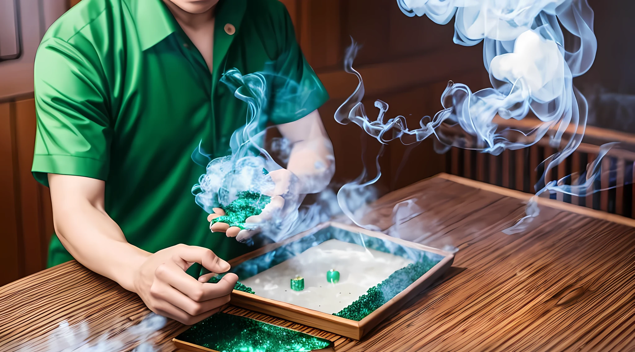 An award-winning photograph reveals a Chinese medicine practitioner. His hands emit a healing emerald smoke that infuses the herbal concoction, causing it to bubble softly and release a therapeutic fragrance that permeates the room --auto --s2