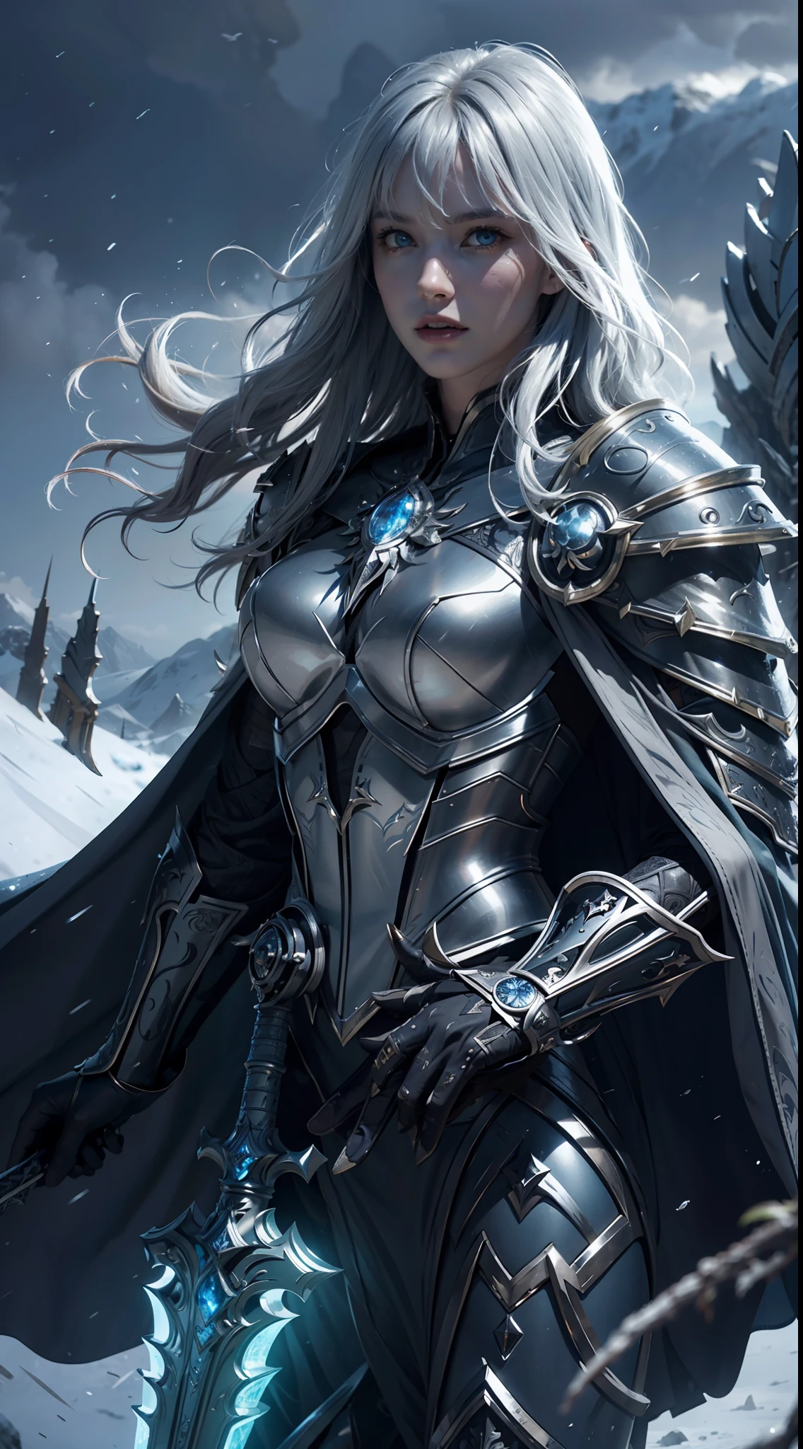 8k,ultra detailed, masterpiece, best quality, (extremely detailed), dynamic angle, Mysterious expression, wind effect, fantasy background, rim lighting, cinematic light, ultra high res, 8k uhd, film grain,best shadow, delicate, RAW, light particles, detailed skin texture, detailed armor texture, detailed face, intricate details, ultra detailed, bright, strong, silver armor, (holding weapon), slashing, slash action, pauldrons, glowing eyes, long cape, fantasy, (realistic), shoulder armor, complex, intricate, perfect lighting, looking at viewer, cinematic lighting, flying in sky,flying, holy light, vivid, bangs, windy, frozen mountains, long white wavy hair, lich queen