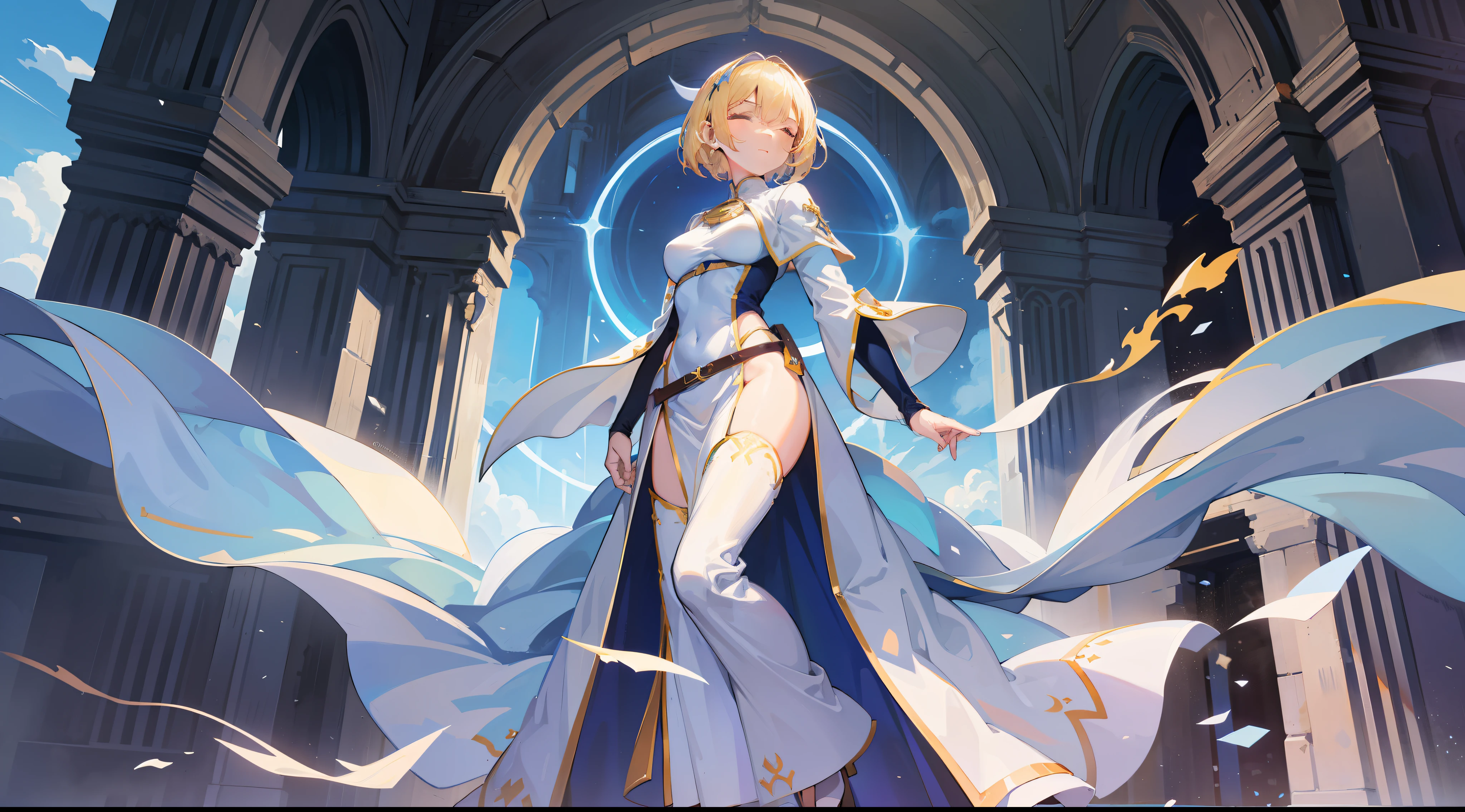 a girl, cleric, blonde, short hair, closed eyes, beautiful breasts, hair between eyes, bangs, full body, confident, heroic posture, white and blue robe, fantasy, medieval, rays of sun