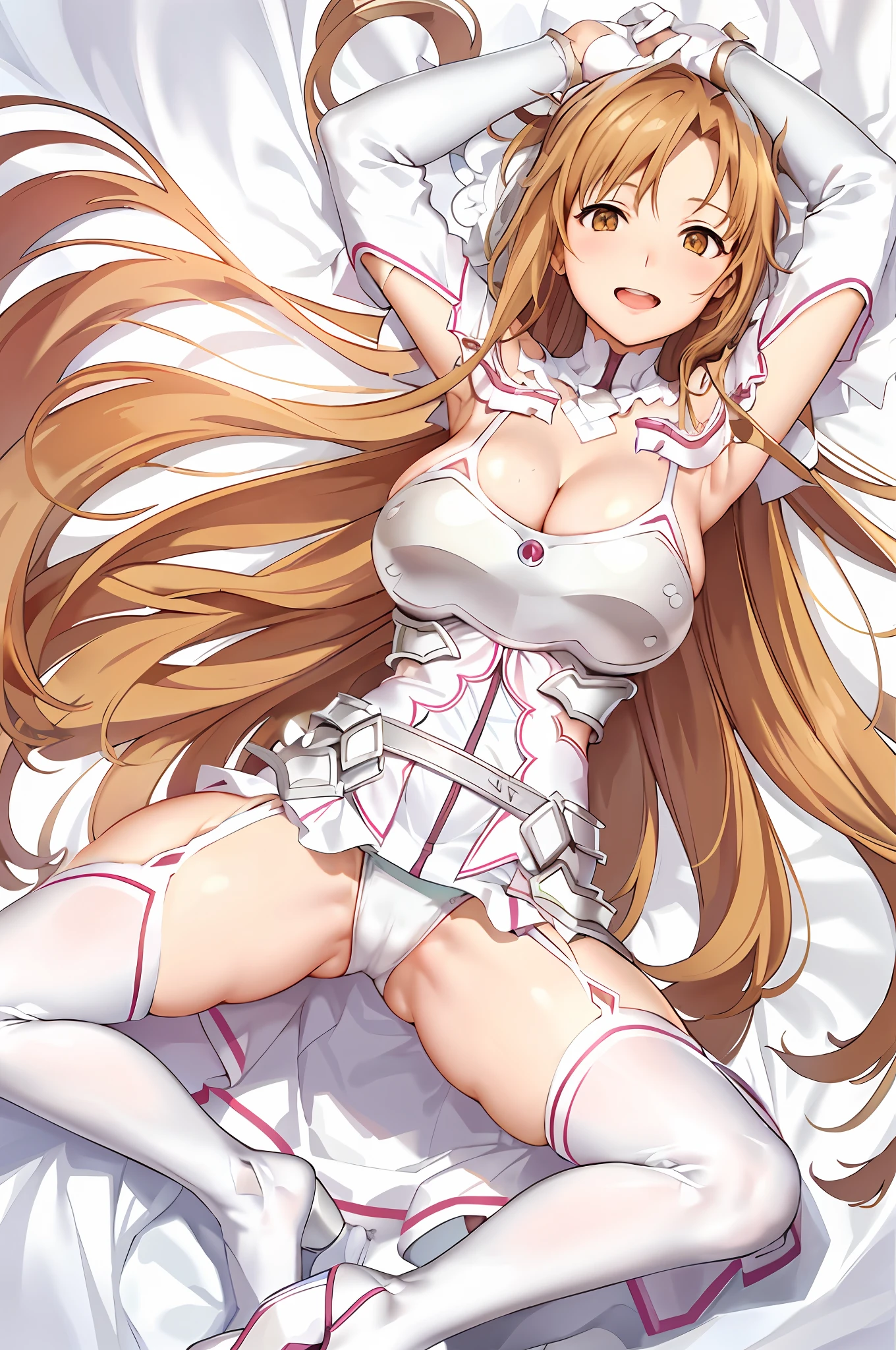 stacia, asuna, asuna_\(sao\), 1girl, (sexy pose:1.2), fantasy, highres,  original, realistic, (excite), scenery,  close_up, upper_body, (lying on the grass), smiling, solo, (potruding nipple:1.2), long hair, (huge breasts:1.3), looking at viewer, smile, open mouth, bangs ,detailed eyes, beautiful background, (forrest), hands on the chest, orange hair, (spread legs:1.3), thighhighs, gloves, dress, (cleavage:1.4), bare shoulders, brown eyes, very long hair, standing, (full body:1.5), white gloves,  white dress, armor, white thighhighs, garter straps, breeze, white armor,  abec, nsfw