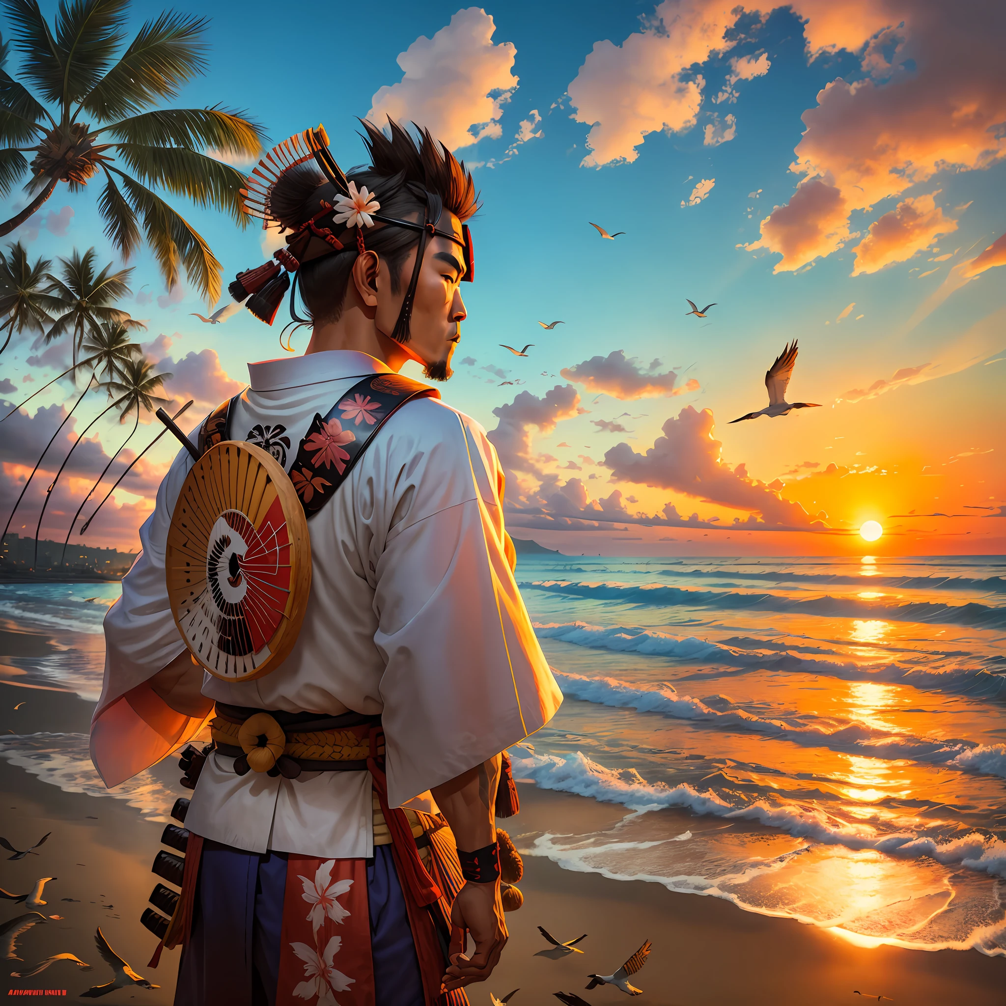 Samurai at the beach, Hawaiian, eats a donut, lots of seagulls, sunset --auto --s2