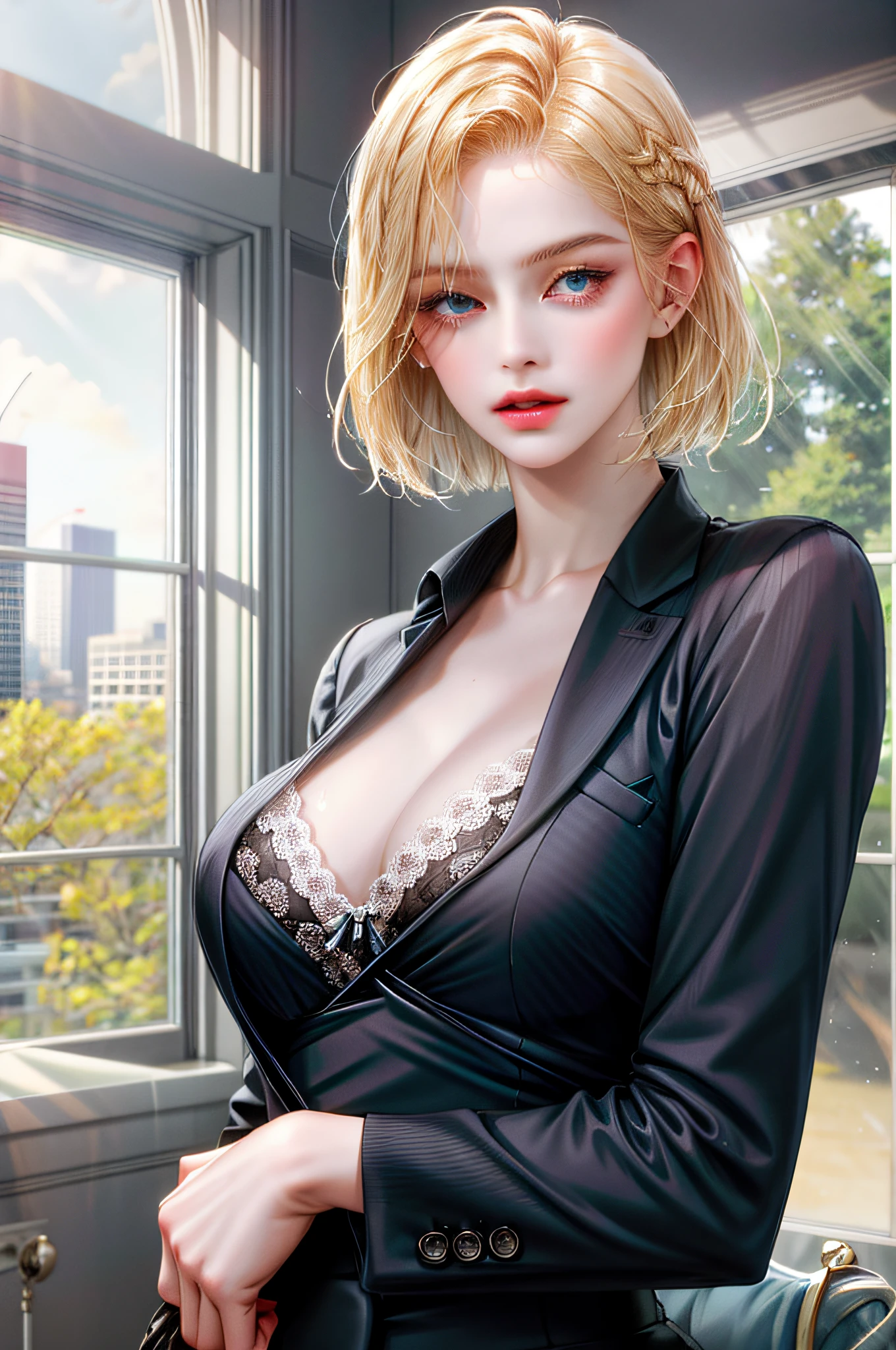 Girl with blonde hair and blue eyes, beautiful, underwear bite, sexy pose, lower body slender, back figure, gaze is window side, hair is short bob Woman, tall, wearing a businesswoman's uniform, upper body black bra, jacket front opening, carrier woman, underwear bite, sexy pose, lower body slender, behind the woman there is a window showing various buildings in the city (absurdity, high resolution, super detailed),