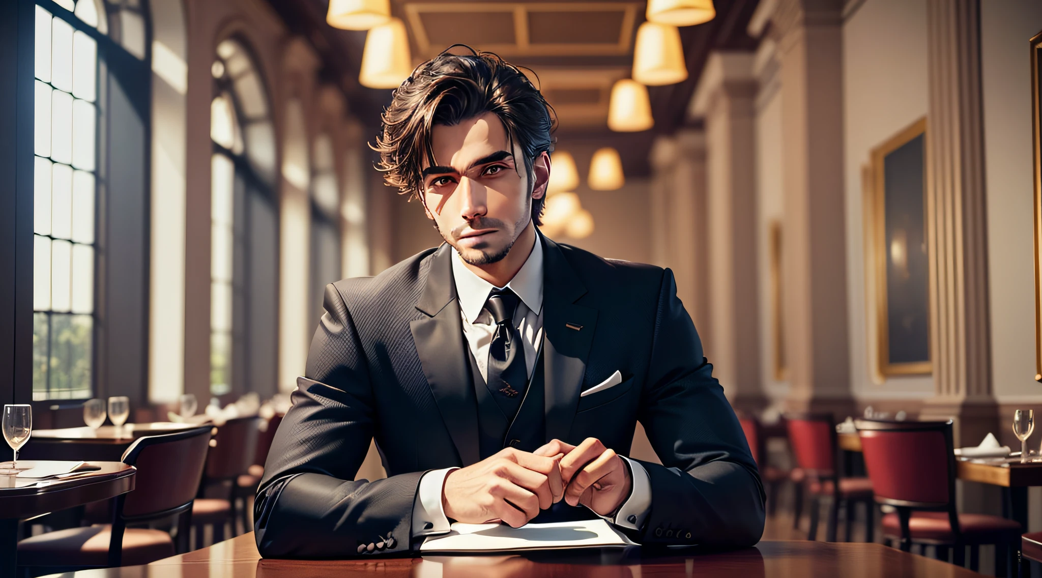 a photograph of a man in a suit sitting at a table in a fancy restaurant --auto --s2