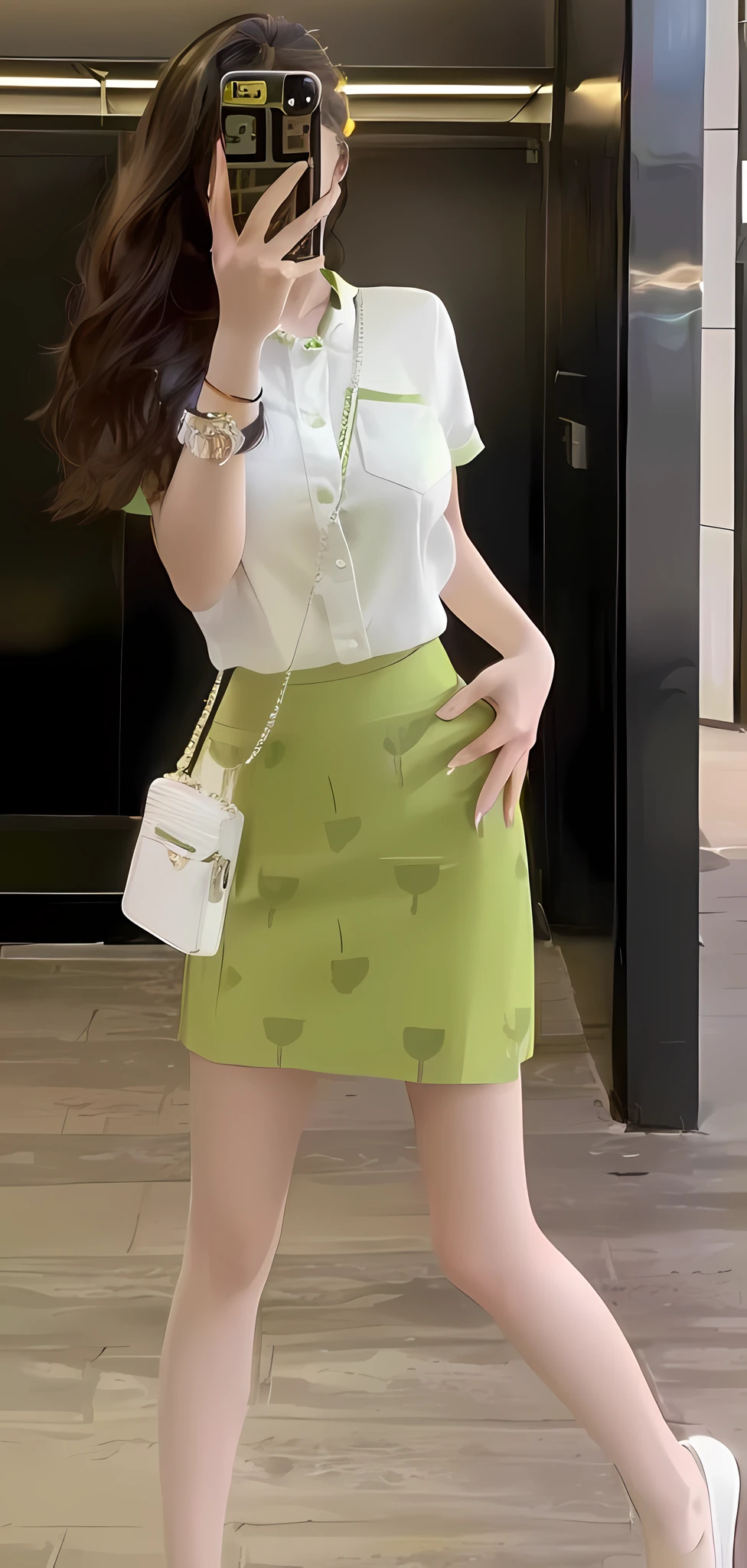 araffe woman in a green skirt and white shirt taking a picture, white shirt and green skirt, mini skirt, skirt, mini-skirt, short skirt, beautiful short skirt, wearing honey - themed miniskirt, green clothes, wearing skirt, 8k!!, 8k)), lv, adorable, woman model, masterpiece, ad image, 4 0 9 6