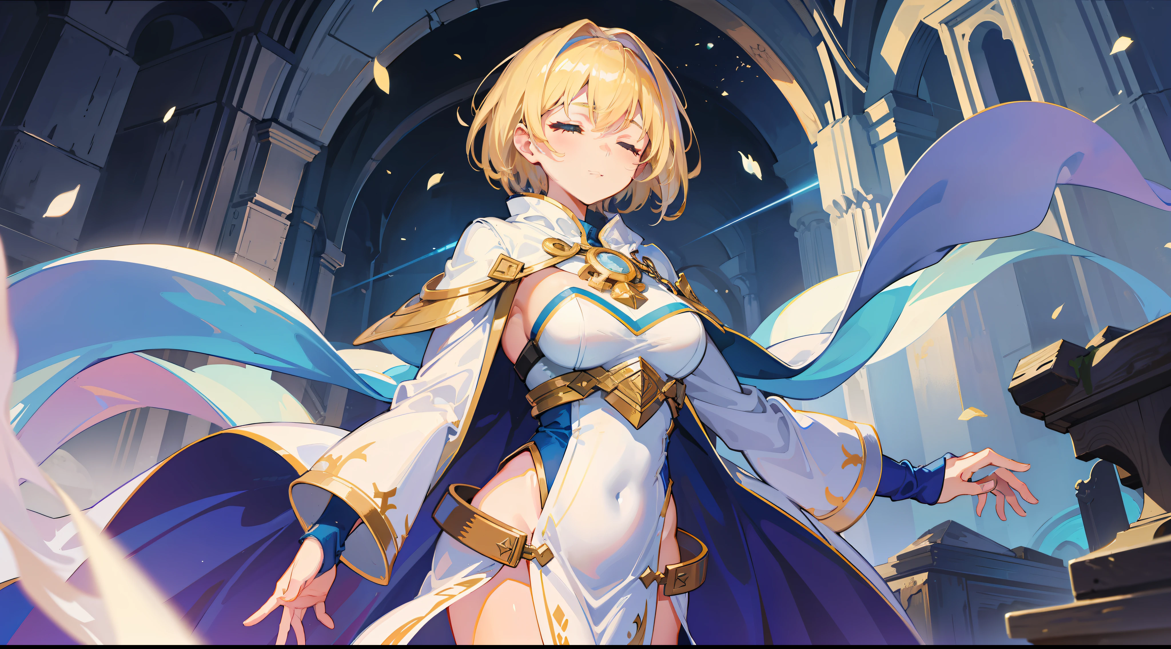 a girl, cleric, blonde, short hair, closed eyes, beautiful breasts, hair between eyes, bangs, full body, confident, heroic posture, white and blue robe, fantasy, medieval, rays of sun