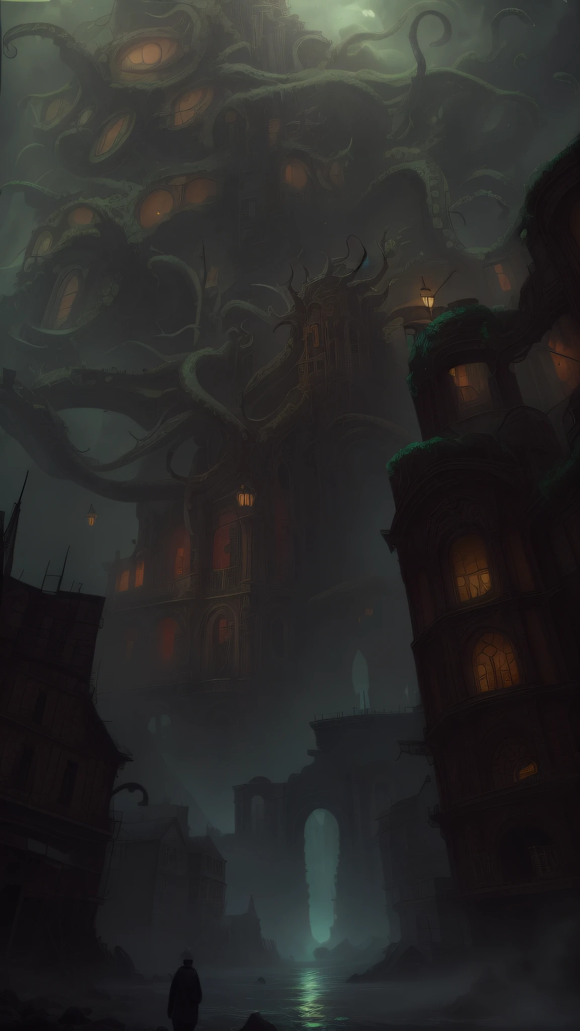 there is a giant octopus that is in the middle of a building, inspired by H.P. Lovecraft, inspired by lovecraft, lovecraft art, lovecraft horror, lovecraftian inspiration, lovecraftian horror!, lovecraftian atmosphere, where lovecraftian horrors roam, lovecraftian horror, lovecraftian horror!!, lovecraftian background, lovecraftian landscape