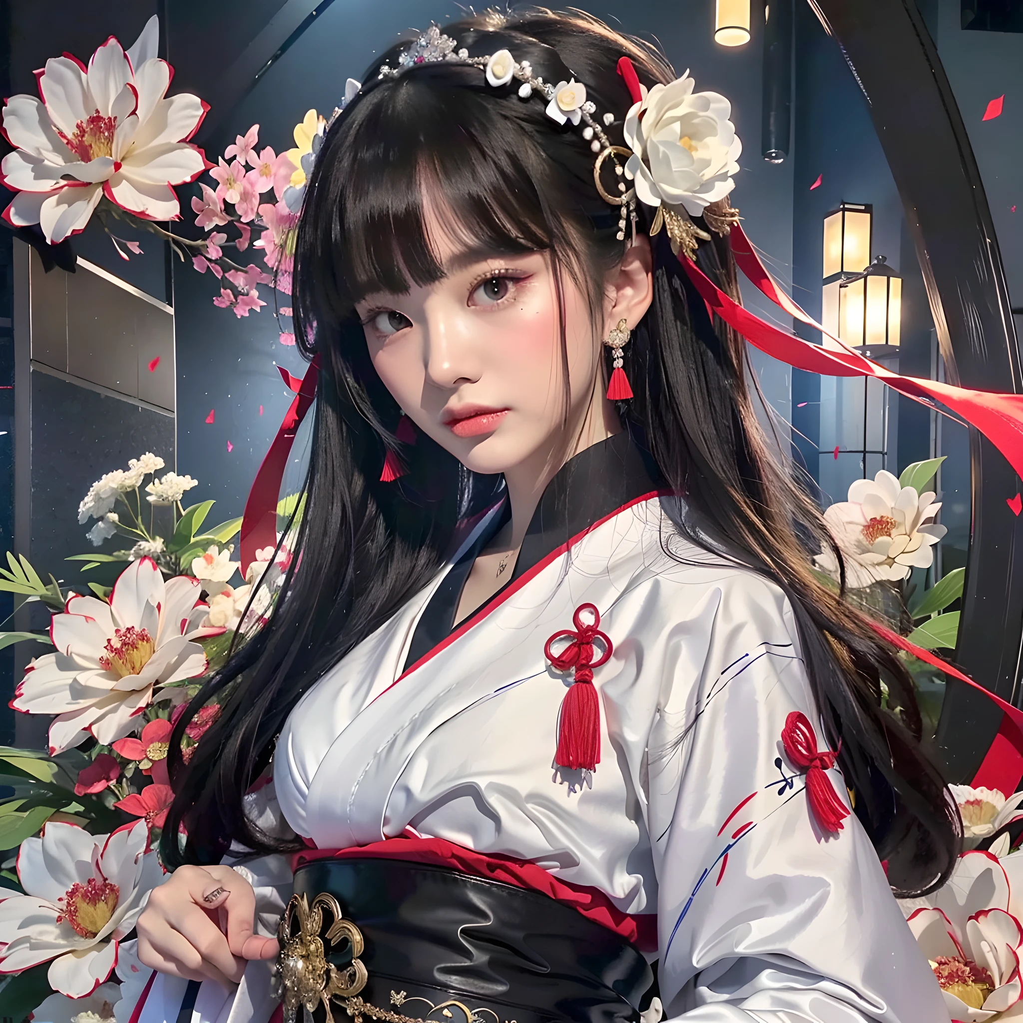 ((Best Quality, 8k, Masterpiece: 1.3)) Live-action, realistic, arafe asian woman with long black hair and white dress, princess cut, white princess cut hairstyle, kimono, kurohime cut hair, geisha hairstyle, japanese style, harumi, precise fingers, Japan model, beautiful Japan girl face, goddess of Japan --auto --s2