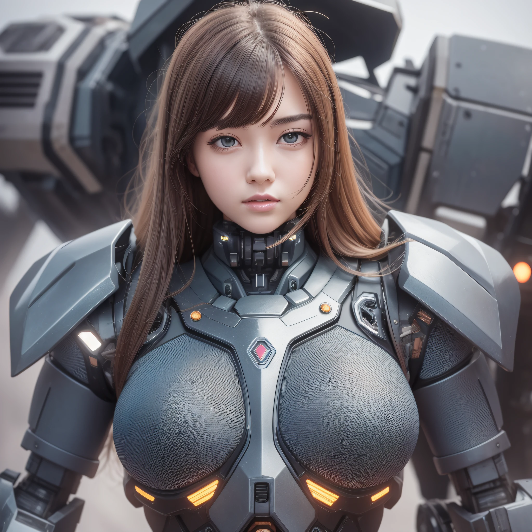 8K HD, best image quality, clear picture, amazing details, beautiful girl and giant mech, girl focus, detailed girly face, girly details amazing, upper body photo, huge mech background, blurred mech, optimized depth of field to make the picture more realistic.