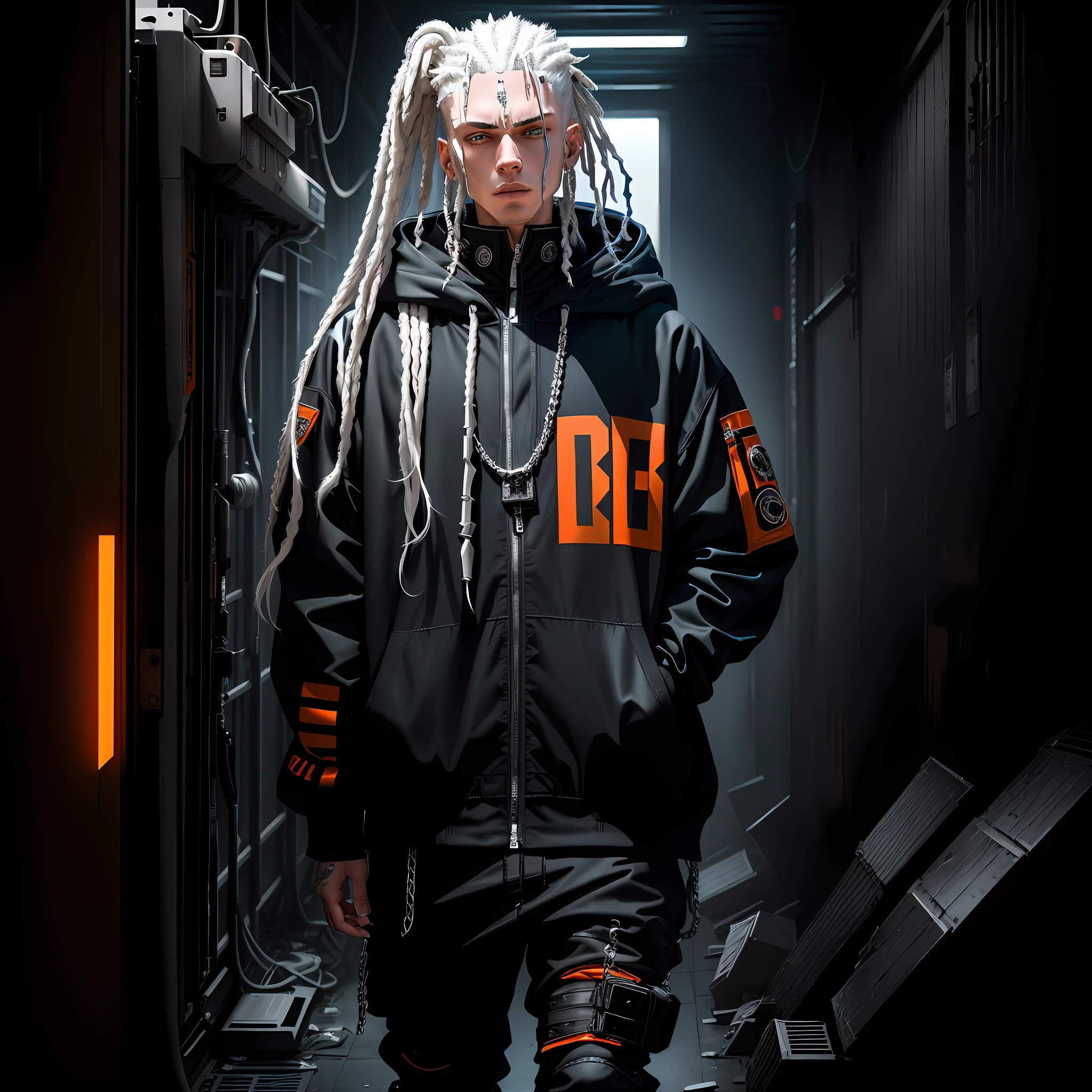 arafed man with white dreadlocks and a hoodie standing, hair half white, hair half brown, blue eyes, dreads, dreadlocks, american man, caucasian man, european man, white man, blue eyes, chains, rings, holding a microphone, lil peep, masked, shinobi, alternate album cover, album cover!, xxxtentacion, album art cover, album art, new album cover, yung lean, music album cover, album cover, rap album cover, colored album art, hardops, arca album cover, an album cover, album artwork, sicko, trending, on the ocean, ashy, p. j. n, photo from a promo shoot, end of an era, official artwork, promo image, a close up of a person in an orange prison outfit, bladee from drain gang, naruto, anime style, 4k, 8k, high resolution, ultra resolution, steampunk, smoke, ninja, jail clothes, orange jail clothes, shades of light, shades of shadow, artwork, two tone lights, ultra detailed, black clothes, best image quality, masterpiece, incredible, vibrant, super high resolution, artwork, style, amazing, dark, shadow, punk, black, drawing, anime