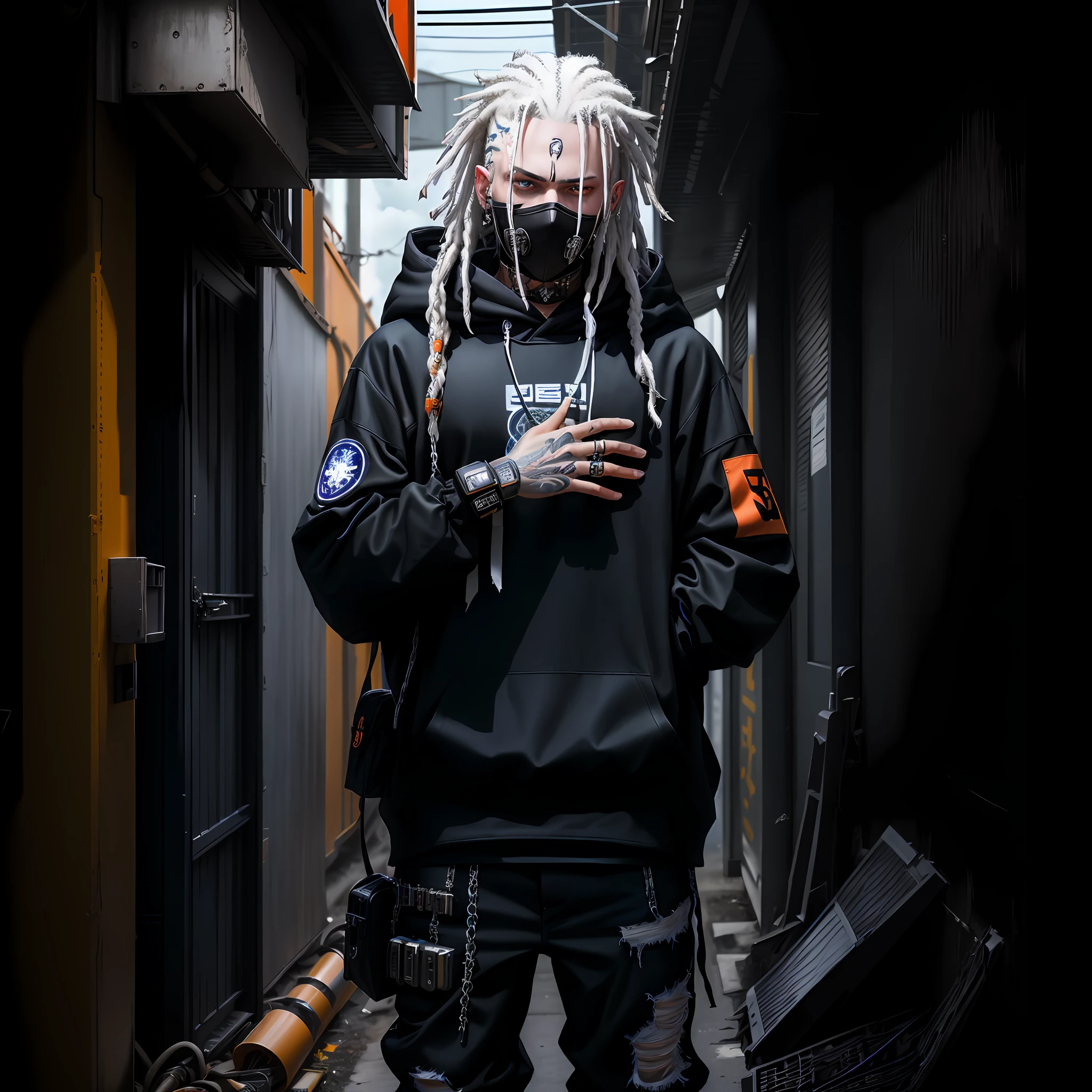 arafed man with white dreadlocks and a hoodie standing, hair half white, hair half brown, blue eyes, dreads, dreadlocks, american man, caucasian man, european man, white man, blue eyes, chains, rings, holding a microphone, lil peep, masked, shinobi, alternate album cover, album cover!, xxxtentacion, album art cover, album art, new album cover, yung lean, music album cover, album cover, rap album cover, colored album art, hardops, arca album cover, an album cover, album artwork, sicko, trending, on the ocean, ashy, p. j. n, photo from a promo shoot, end of an era, official artwork, promo image, a close up of a person in an orange prison outfit, bladee from drain gang, naruto, anime style, 4k, 8k, high resolution, ultra resolution, steampunk, smoke, ninja, jail clothes, orange jail clothes, shades of light, shades of shadow, artwork, two tone lights, ultra detailed, black clothes, best image quality, masterpiece, incredible, vibrant, super high resolution, artwork, style, amazing, dark, shadow, punk, black, drawing, anime