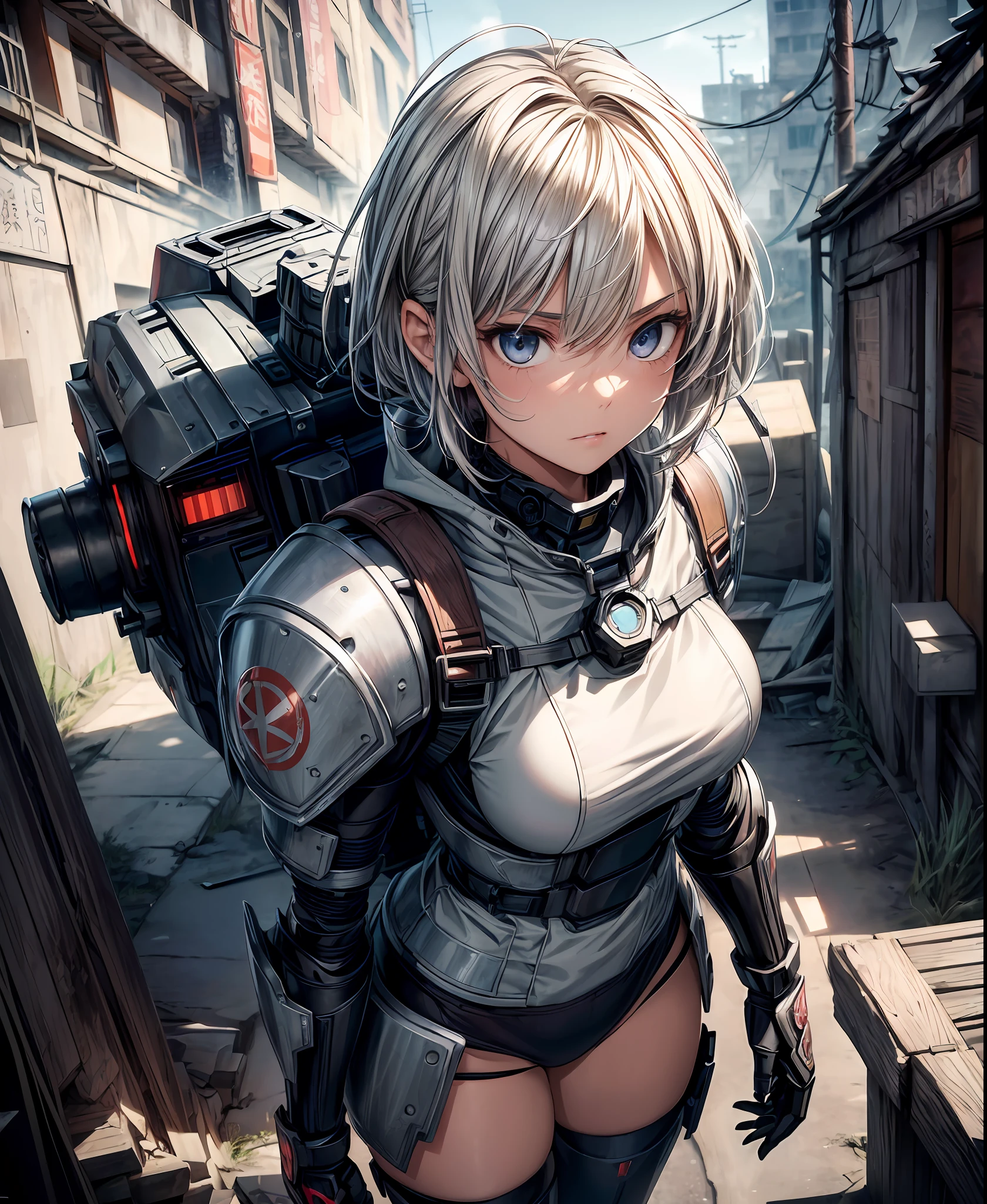 ((Best quality)), ((masterpiece)), ((highly intricate details)),beautiful, high quality, highres, absurdres, light difussion, intricate details, complex details, ((anime)), (anime:1.2) , (perfect face:1.3), extreme detailed eyes, colorful, highest detailed, vibrant colors, high contrast, (8K UHD:1.2), (photorealistic:1.2),(masterpiece:1.4), (best quality:1.4),extremely detailed wallpaper, highly detailed illustrations, ((1 Girl)), (best lighting) , (super-complex details) , 4K unified, (super-detailed CG: 1.2) , (8K: 1.2),(original), (masterpiece) , (best quality) , (reality: 1.3) , photorealistic, Octane rendering, (surreal: 1.2) ,winter, japanese anime style, armored-core, slender black robot, 10 ft, small head, collapsed building, cool tall woman, cute face gray parka, dynamic angle, cute face, millet(backpack),gray parka, cover one's face with a hood,painting titled "She stands at the feet of the robot.", rough sketch, silver hair, dark skin,bright Golden eye, cinematic lighting, whole body, plant coverd rubble, flower, plant coverd ruin in Osaka, post-apocalypse, 1woman, smooth hair, red parka, black Stockings, depth of fieldmasterpiece,high quality,8k,16k,(((ARMORED CORE)))Rugged (Masquerade: 1.2),(dirt aging mecha: 1.4),(Rifle: 1.1),(flight, aero run: 1.4),(Discharge: 1.2),(glow purple: 1.3),(Explosion: 1.1),(Rapid: 1.2),(top: 1.6),,(Demonic Appearance: 1.6),(black armor: 1.6),((smart body shape)) (((perfect face))),((head-mounted display))) ((((((short_hair))))))