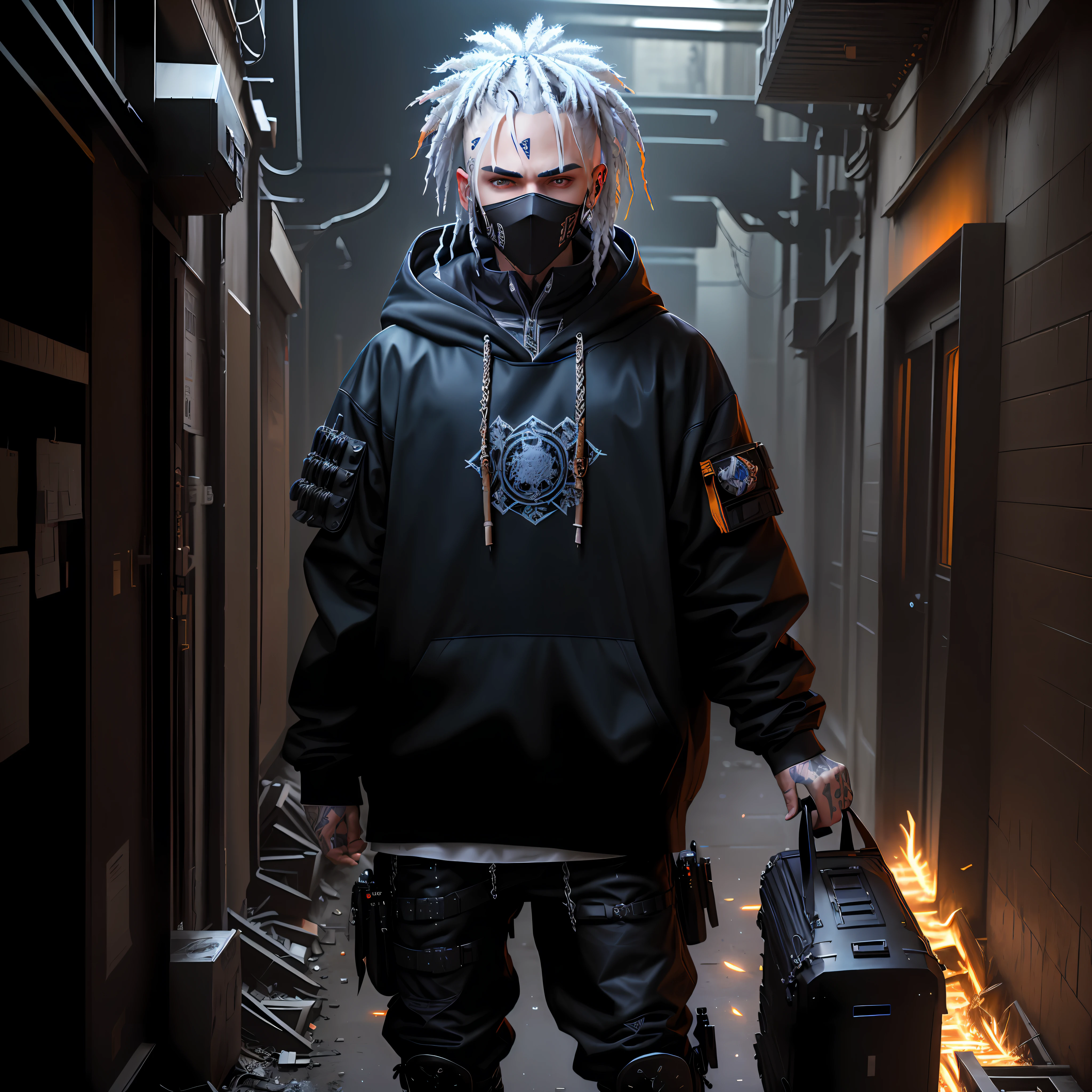 ((ultra realistic details)), arafed white man with white dreadlocks and a hoodie standing in a dark hallway, black mask, blue eyes, badass anime, portrait, global illumination, shadows, octane render, 8k, ultra sharp, metal, intricate, ornaments detailed, perfectly drawn, perfect proportions, cold colors, lil peep, lil pump, xxxtentacion, justin bieber, marshal maters, highly intricate details, realistic light, trending on cgsociety, glowing eyes, facing camera, sicko, trending, ashy, photo from a promo shoot, end of an era, official artwork, promo image, dark walls, steampunk, punk, trapstar, album cover, white man, blue eyes, chains, rings, holding a microphone, lil peep, masked, shinobi, alternate album cover, album cover!, xxxtentacion, album art cover, album art, new album cover, yung lean, music album cover, album cover, rap album cover, colored album art, hardops, arca album cover, an album cover, album artwork, sicko, trending, anime artsyle, dark, darkness, shadows, orange, blood, crime, katana, bandana, shinobi mask, perfect proportions, beautiful eyes, beautiful face, amazing, masterpiece, high resolution, 8k, 3d, shadows, lights, purple shades, perfectly drawn