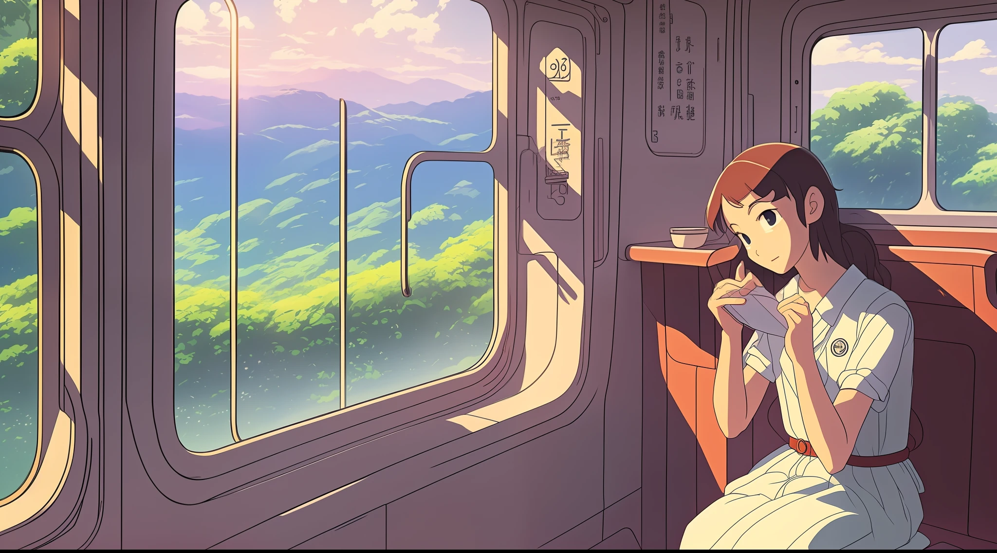 teenager girl,sitting in a train,ghibli style,looking out the windows --auto --s2