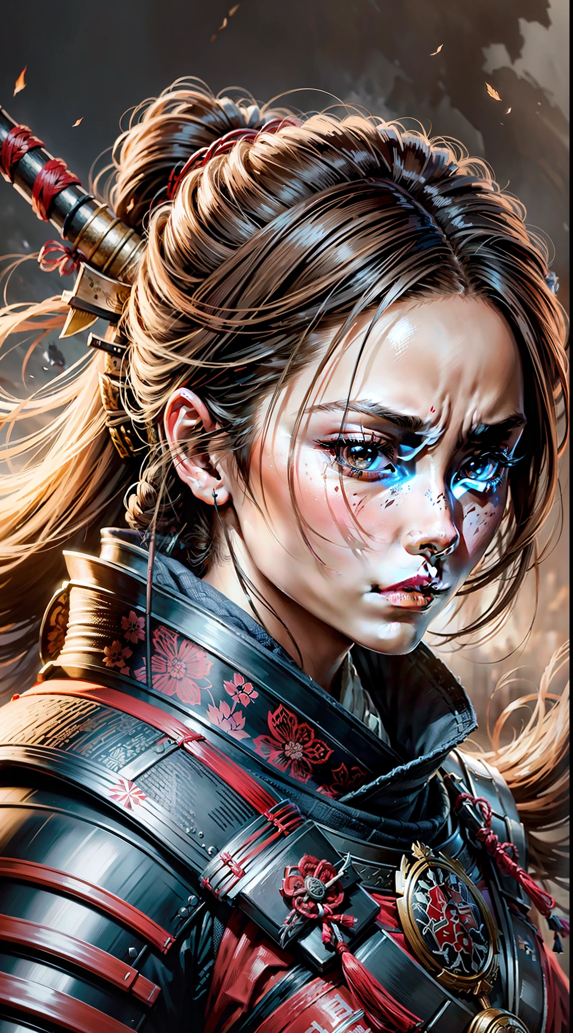 portrait of a female samurai, hold the sword horizontal , movie poster, epic, sad, best quality, hyper detailed, hyper realistic, dust in the air, strong wind, beautiful girl